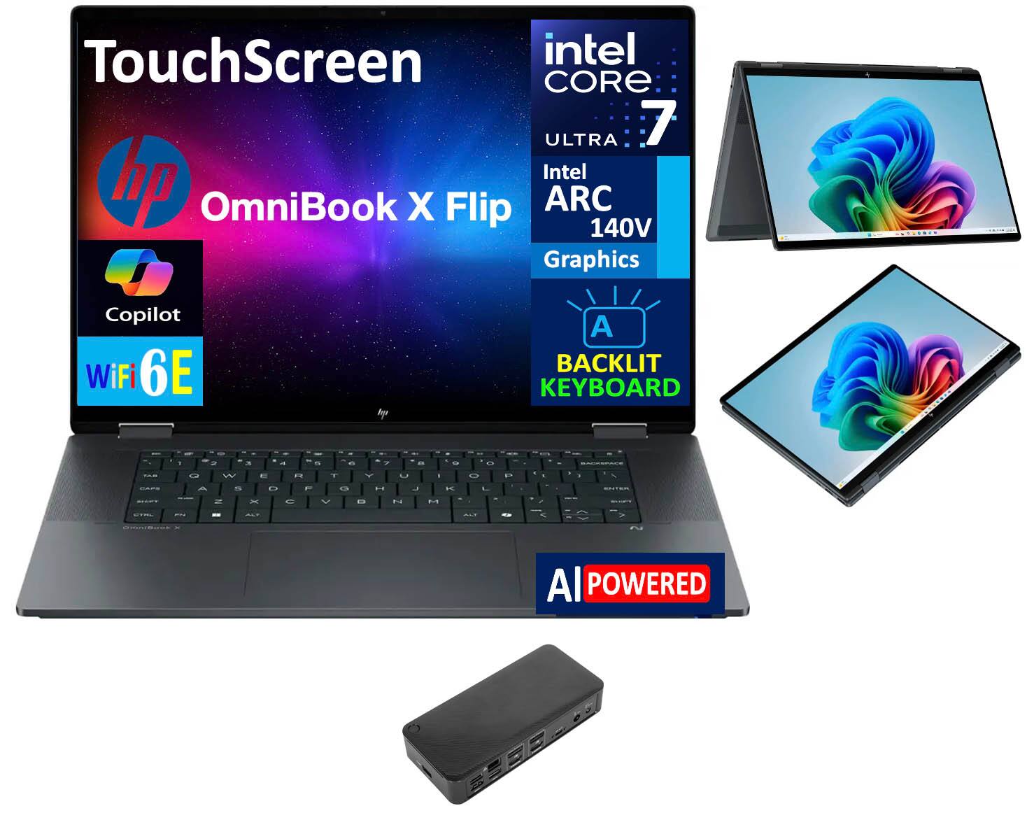 TouchScreen  
hp OmniBook X Flip  

Intel Core 7  
Intel ARC 140V Graphics  

WiFi 6E  
Copilot  

BACKLIT KEYBOARD  

AI POWERED