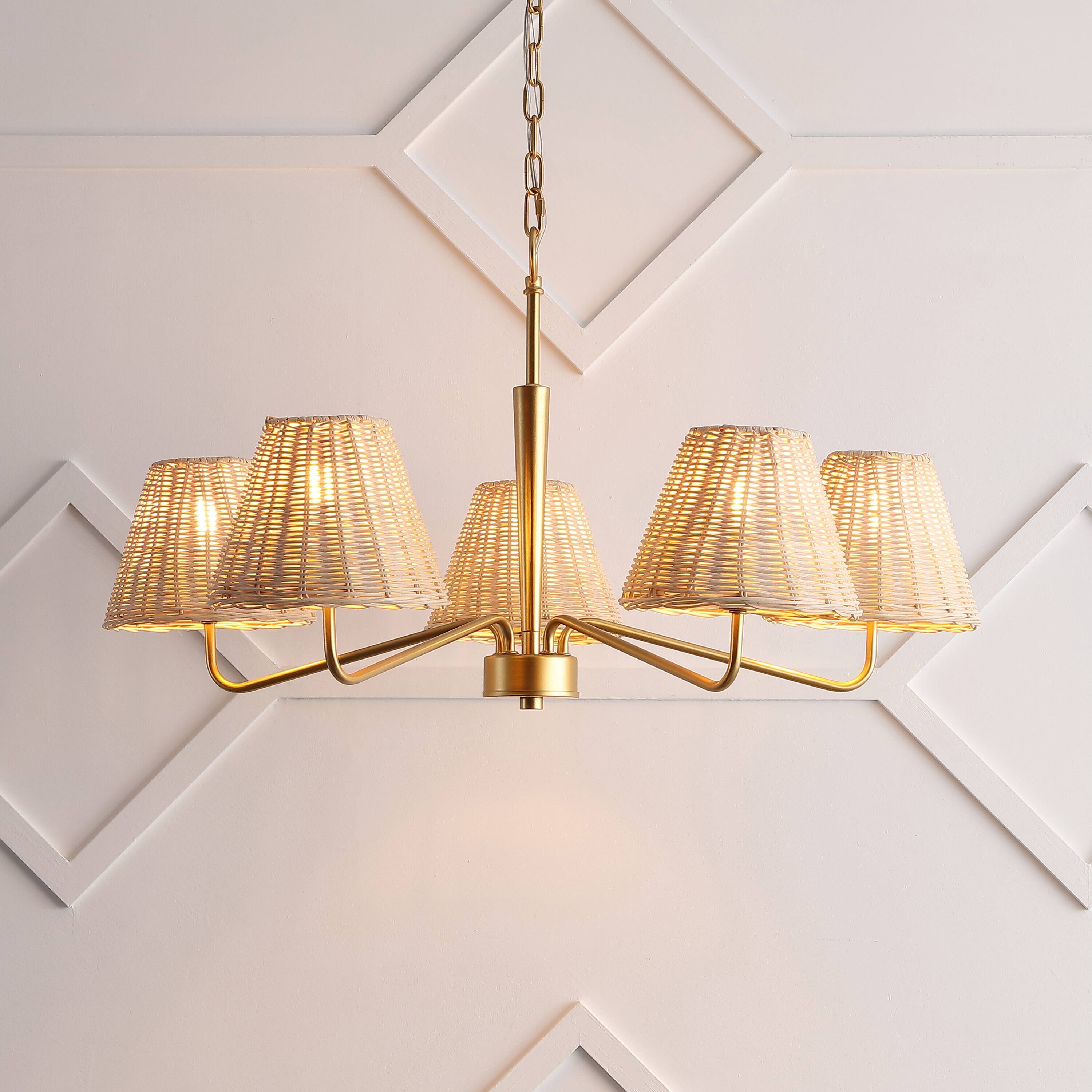Alt View 1. Jonathan Y - Libby 30" 5-Light Modern Coastal Sleek Woven Rattan/Iron LED Chandelier, Gold Painting/Light Brown - Gold Painting.