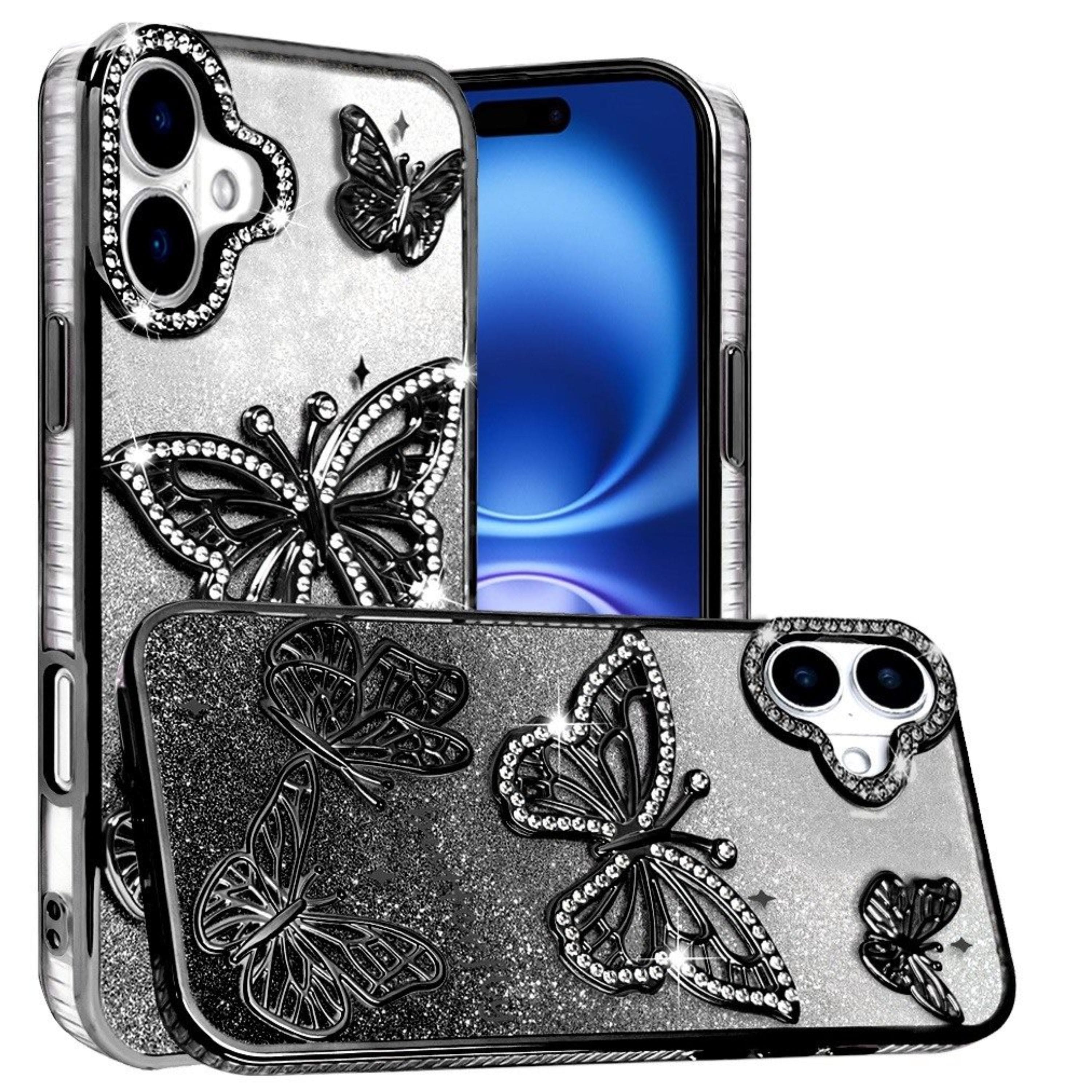 Kitcheniva - Bling Butterflies 3D Glitter Phone Cover Plus Tempered Glass For iPhone 17 - Black price history on PriceWatchPro