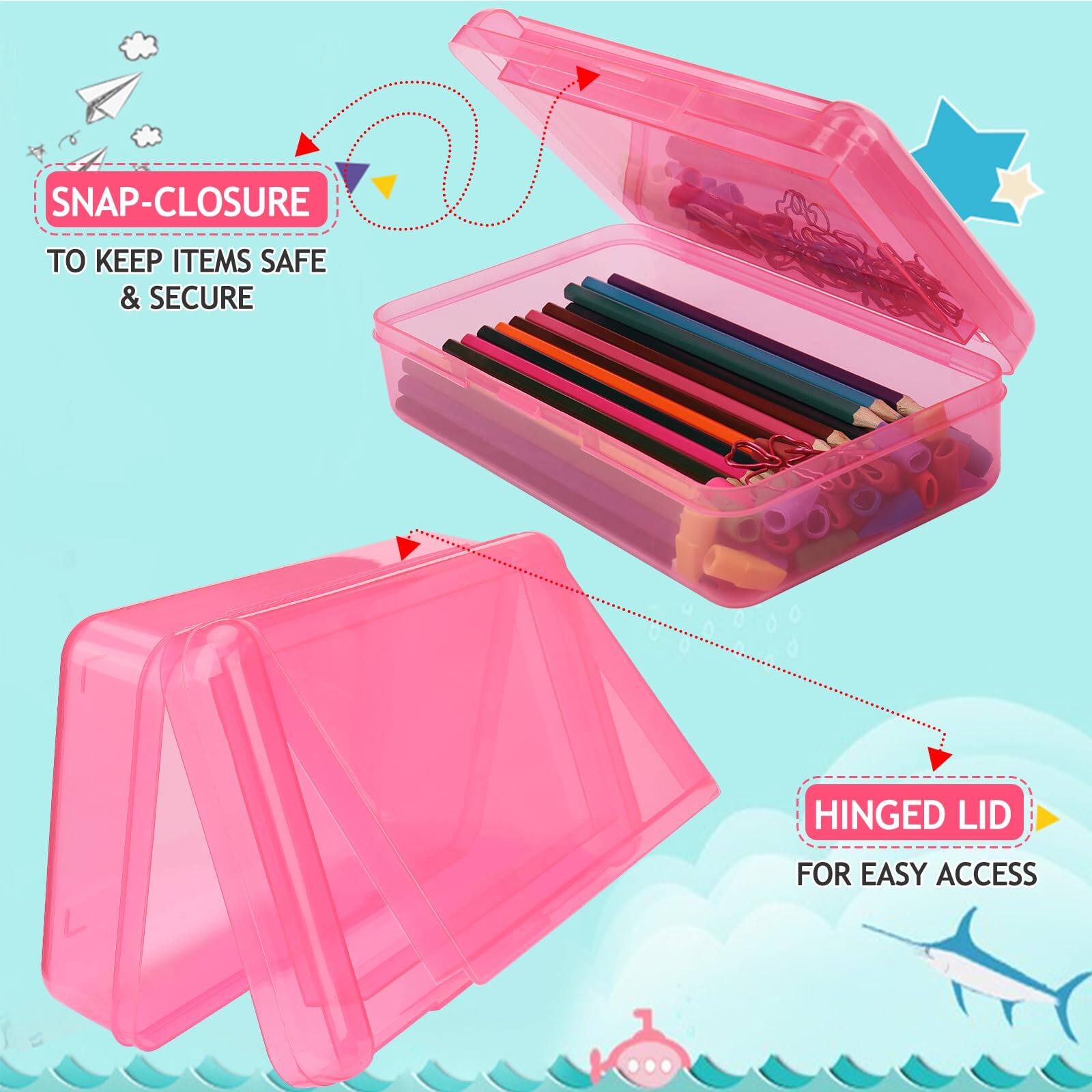 SNAP-CLOSURE  
TO KEEP ITEMS SAFE & SECURE  

HINGED LID  
FOR EASY ACCESS