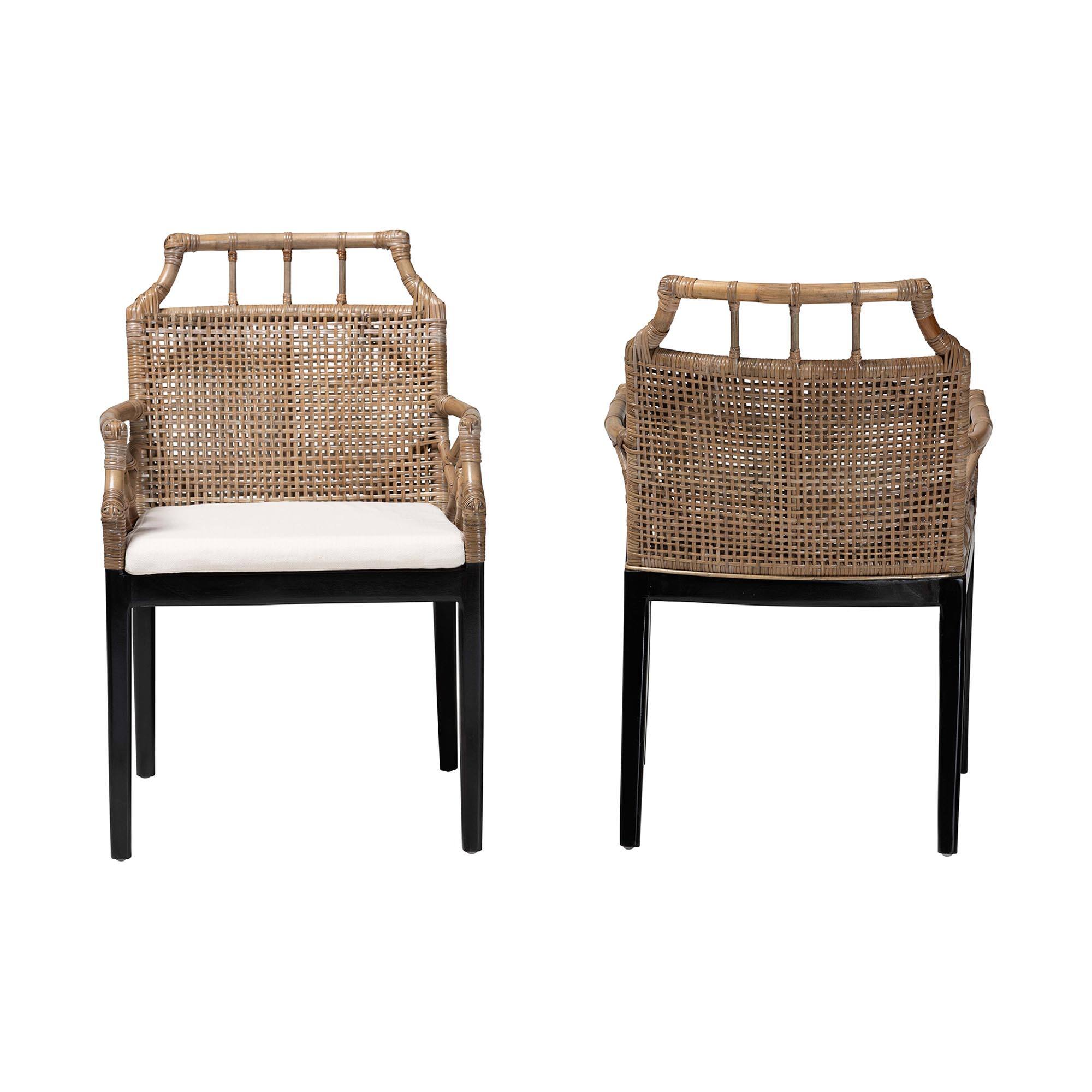 Angle. bali & pari - Abiel Natural Rattan 2-Piece Dining Armchair Set with Cushion – Handwoven Wicker Chair with Mahogany Wood Frame - Greywash/Black.