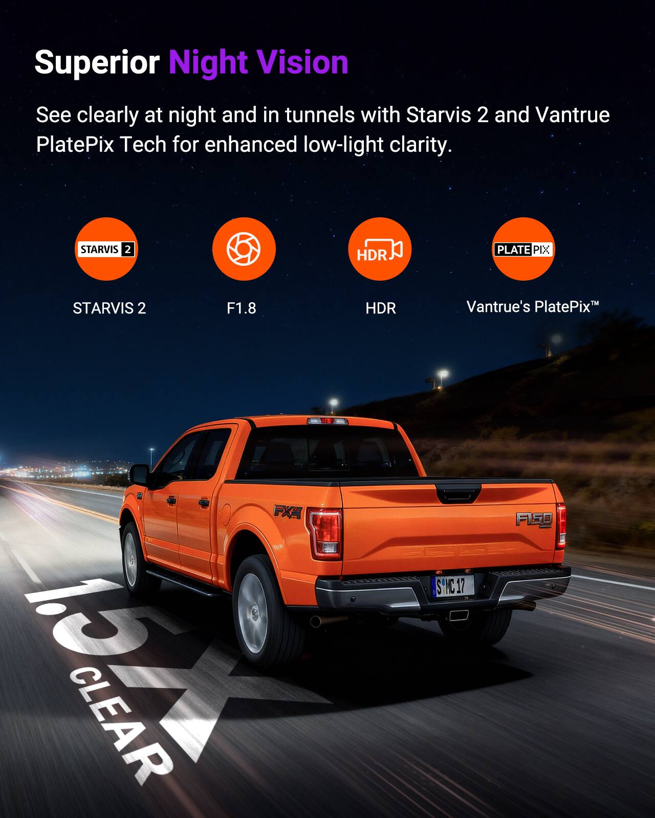 Superior Night Vision  
See clearly at night and in tunnels with Starvis 2 and Vantrue PlatePix Tech for enhanced low-light clarity.  

STARVIS 2  
F1.8  
HDR  
Vantrue's PlatePix™
