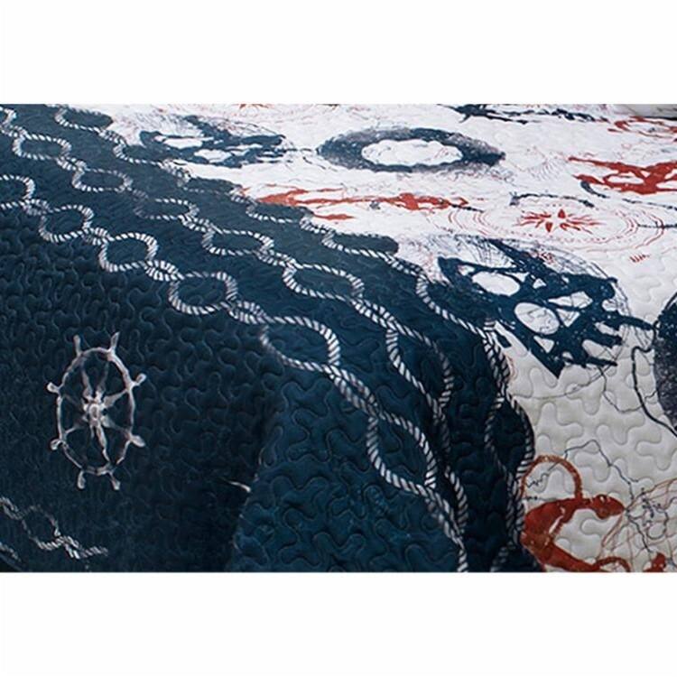 Angle. Hivvago - Twin Size Modern Coastal Anchor Polyester Reversible Quilt Set - Red, Blue, White.