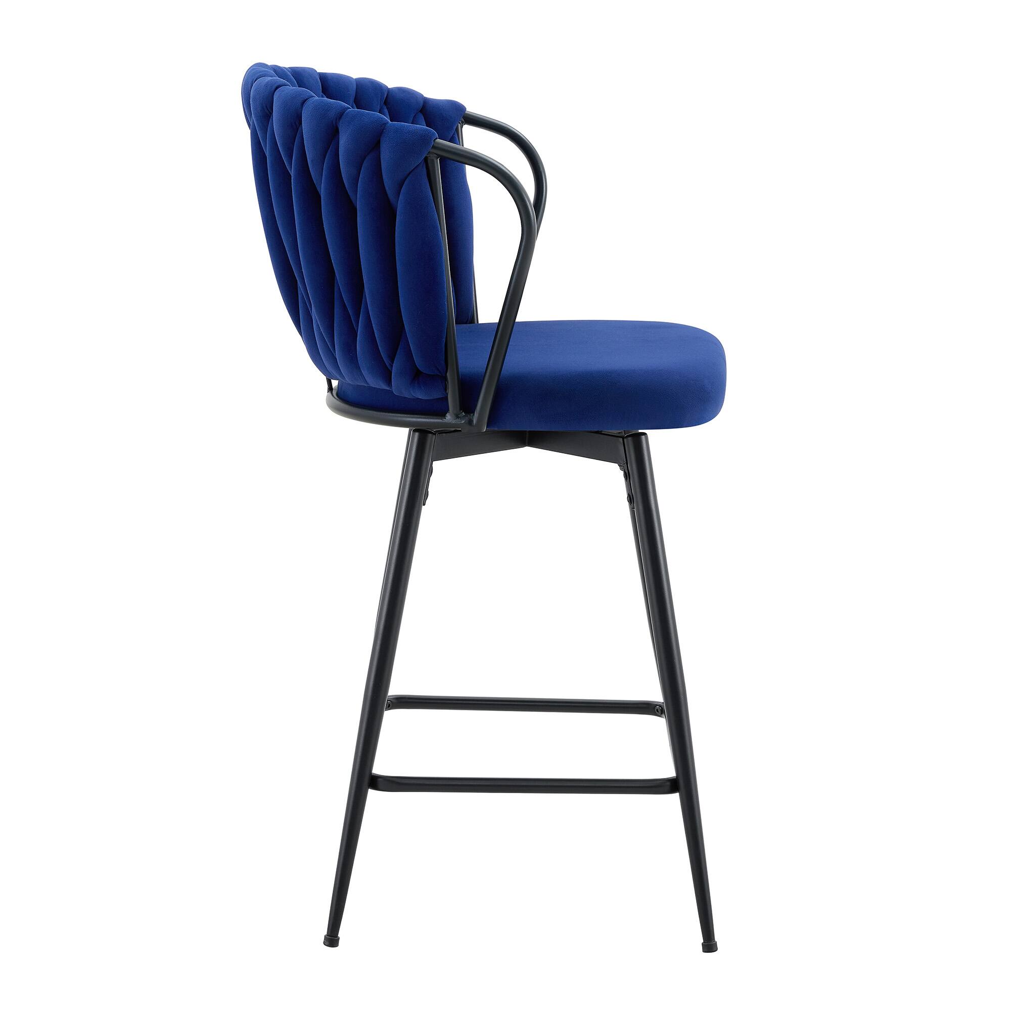 Alt View 6. Loheer - Loheer Counter Height Bar Stools Set of 2, Blue Velvet Bar Stools with Braided Back, Metal Frame, 3 ft - Black,Blue.