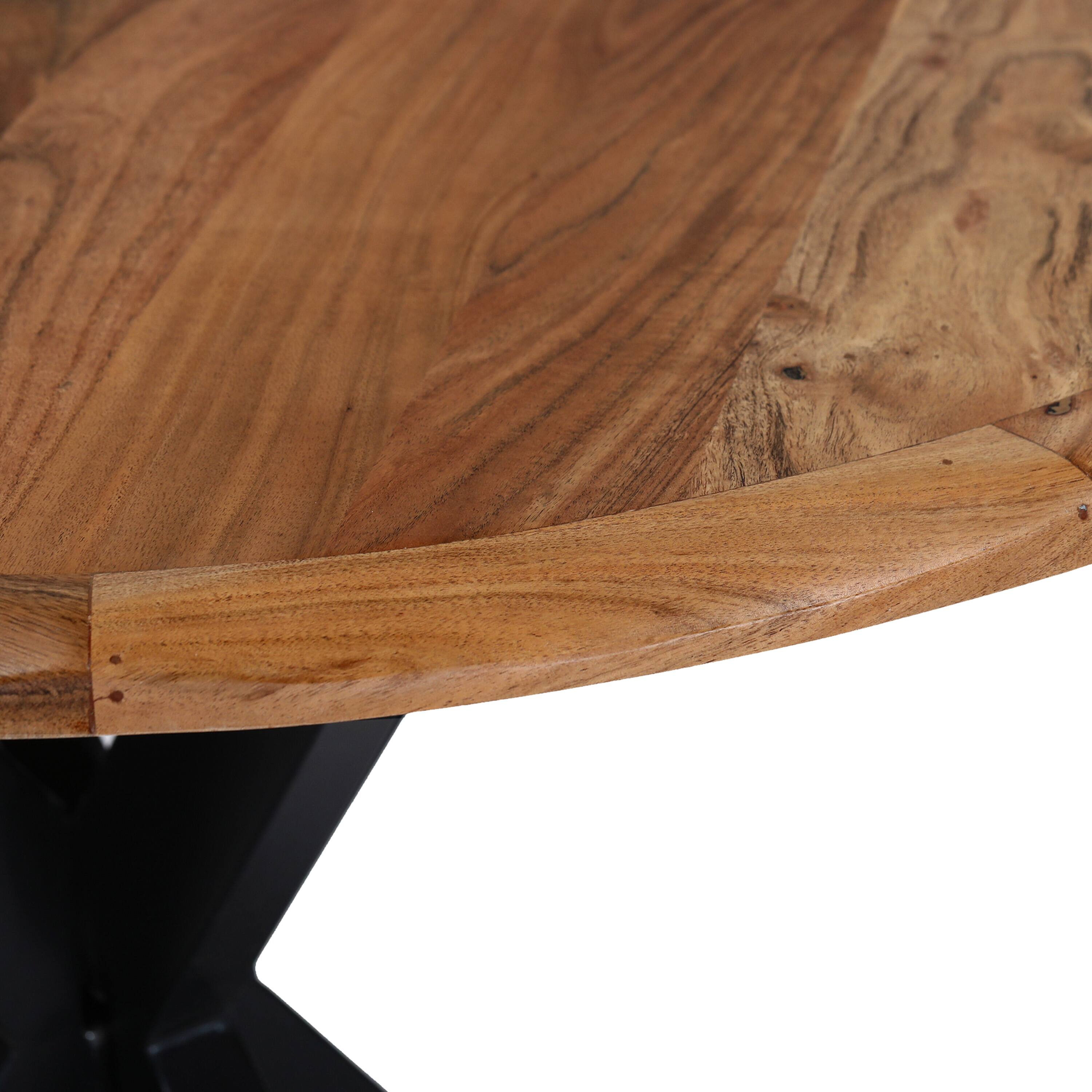 Angle. Manhattan Lane - Kuri 41 Inch Handcrafted Live Edge Round Dining Table with a Natural Brown Acacia Wood Top and Black Iron Legs - Brown, Black.