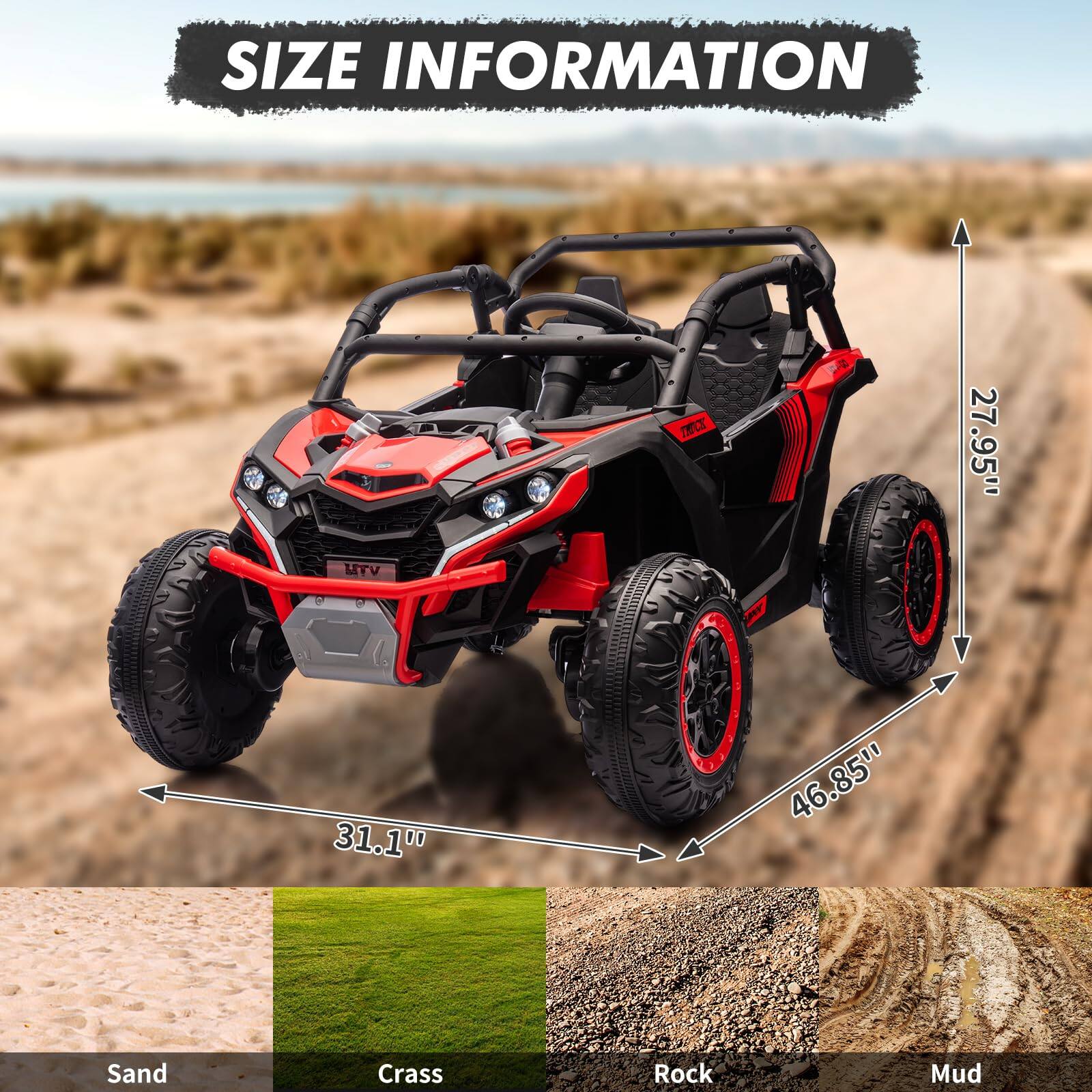 SIZE INFORMATION

- Height: 27.95"
- Width: 31.1"
- Length: 46.85"

- Sand
- Grass
- Rock
- Mud