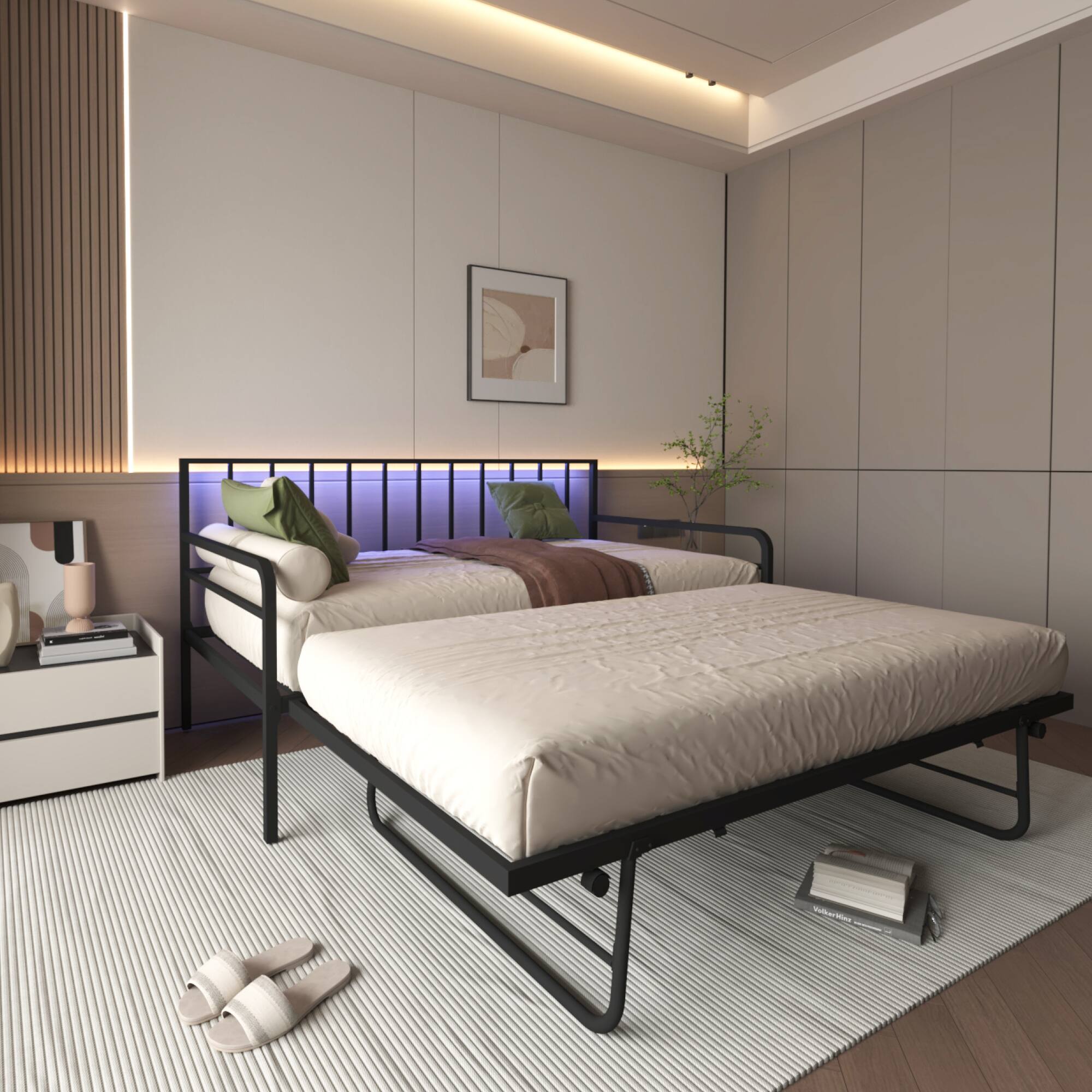 Alt View 2. GOODSILO - Adjustable Twin Daybed with RGB LED Lighting and Multi-Port Charging Station, Sturdy Metal Frame with Trundle - Black.