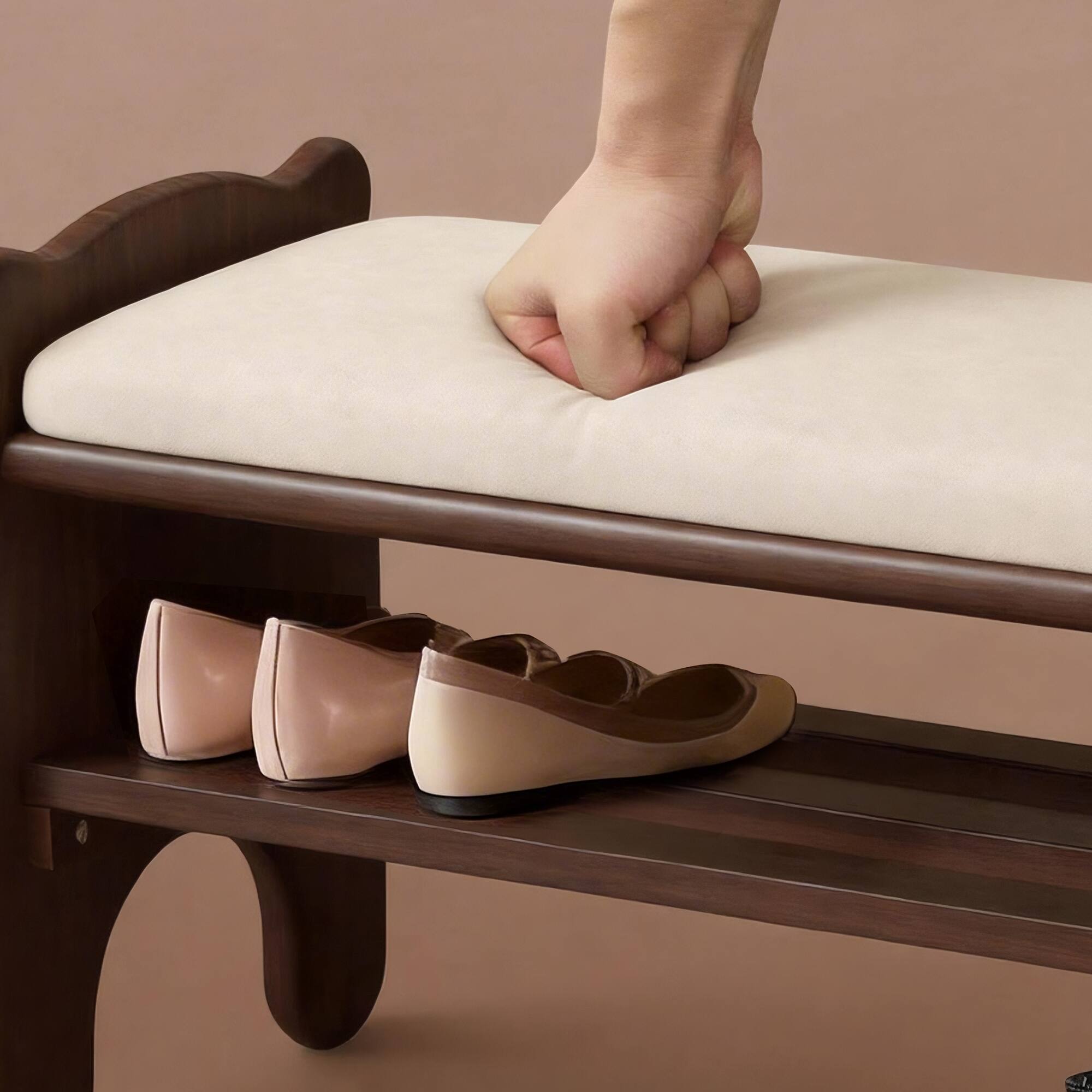 Back. Whisen - Solid Wood Shoe Storage Bench with Faux Leather Cushion, 2-Tier Entryway Bench Rack - Walnut.