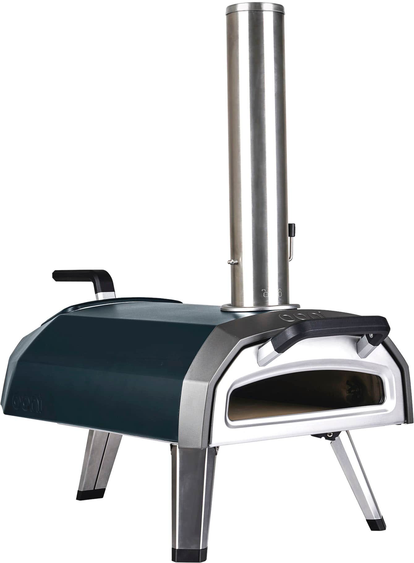 The image features an outdoor oven with a silver handle and a black door. The oven is designed to be used for cooking pizzas, and it has a steel chimney. The oven is placed on a metal stand, and it is ready for use.