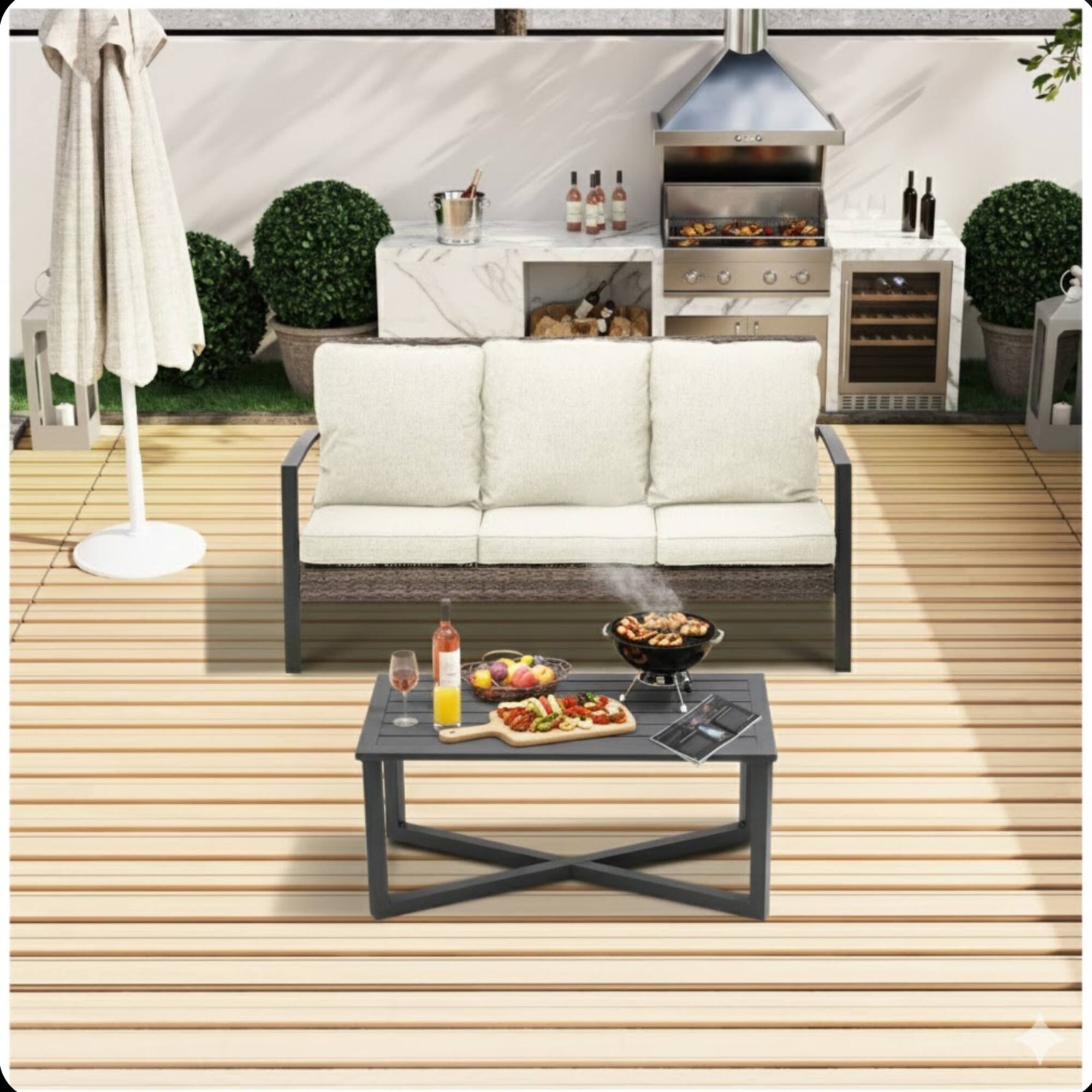 Angle. Mondawe - 2-Piece Wicker Patio Conversation Set with Cushions & Coffee Table - Beige.