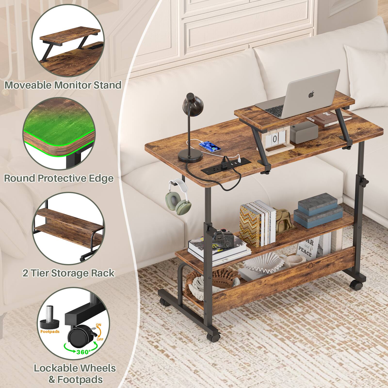 Moveable Monitor Stand  
Round Protective Edge  
2 Tier Storage Rack  
Lockable Wheels & Footpads