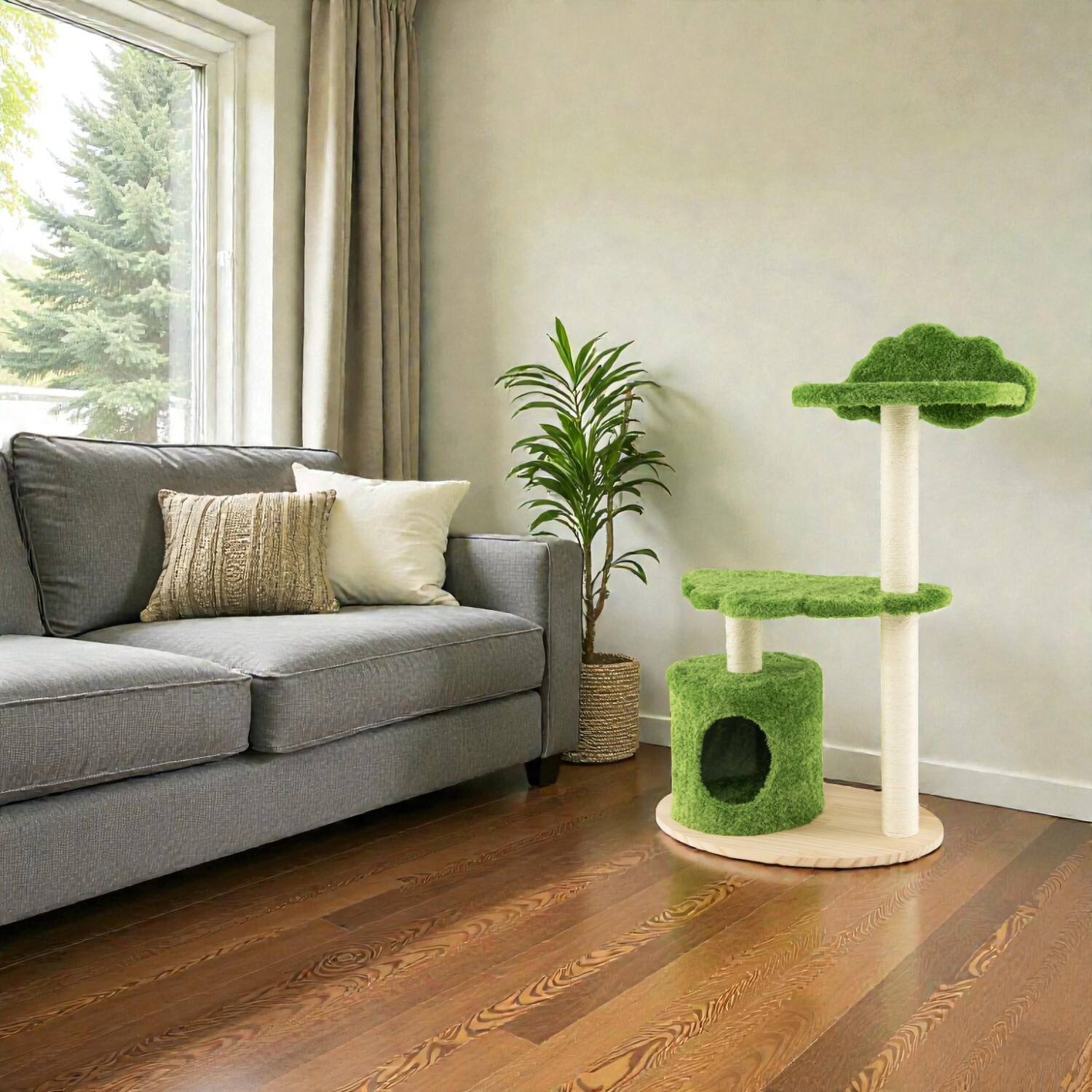 Front. BreeBe - 38" Indoor Cat Tower with Fully Sisal-Wrapped Scratching Posts - Green.