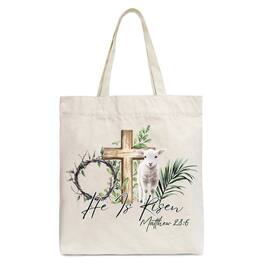 OrnamentallyYou - He Is Risen Lamb Cross Christian Easter Tote Bag, Bible Verse Matthew 28:6 Gift Shopper - Beige