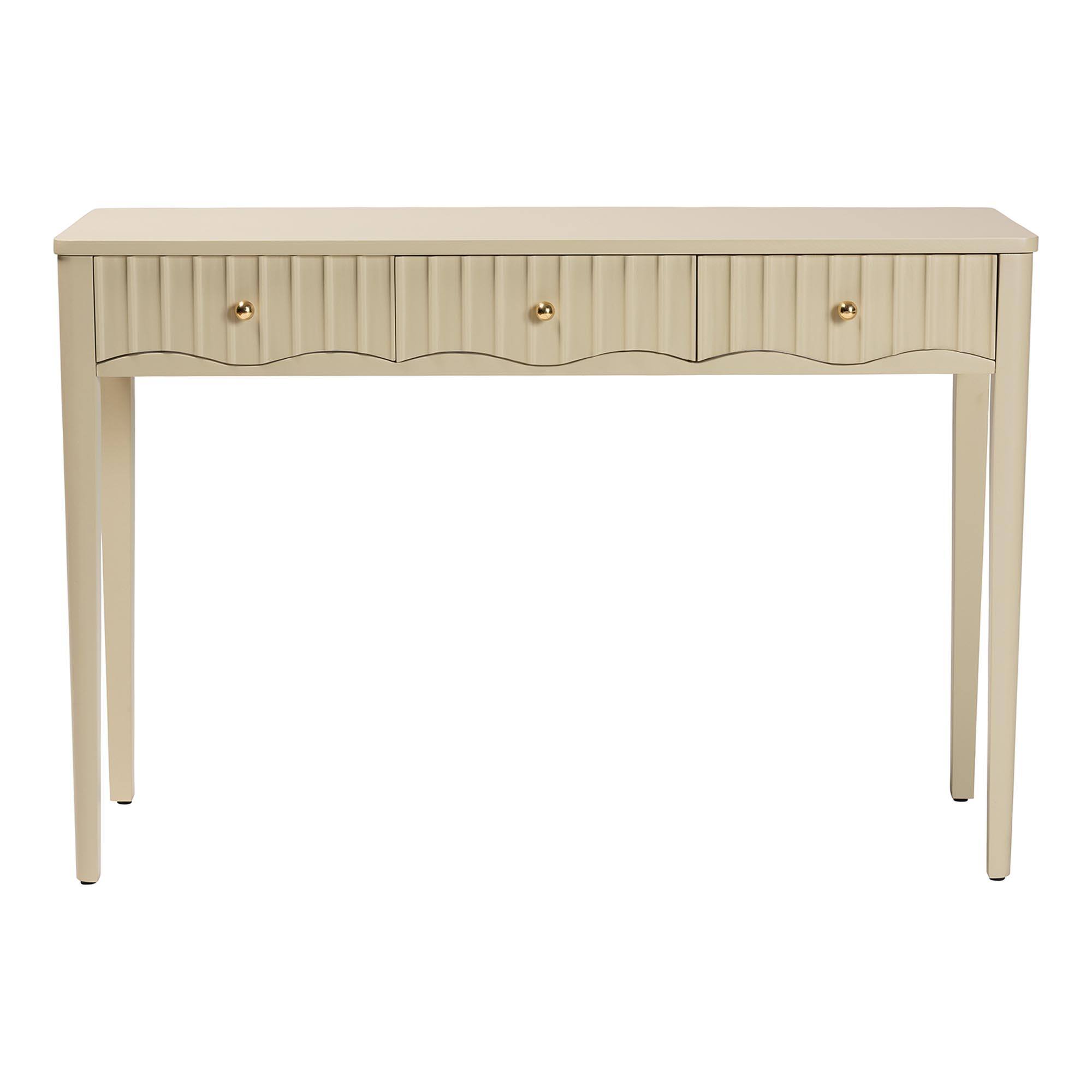 Left. bali & pari - Leeba Console Table - 3-Drawer Accent Table with Fluted Wood and Scalloped Framing for Living Room, Hallway, or Entryway - Beige.