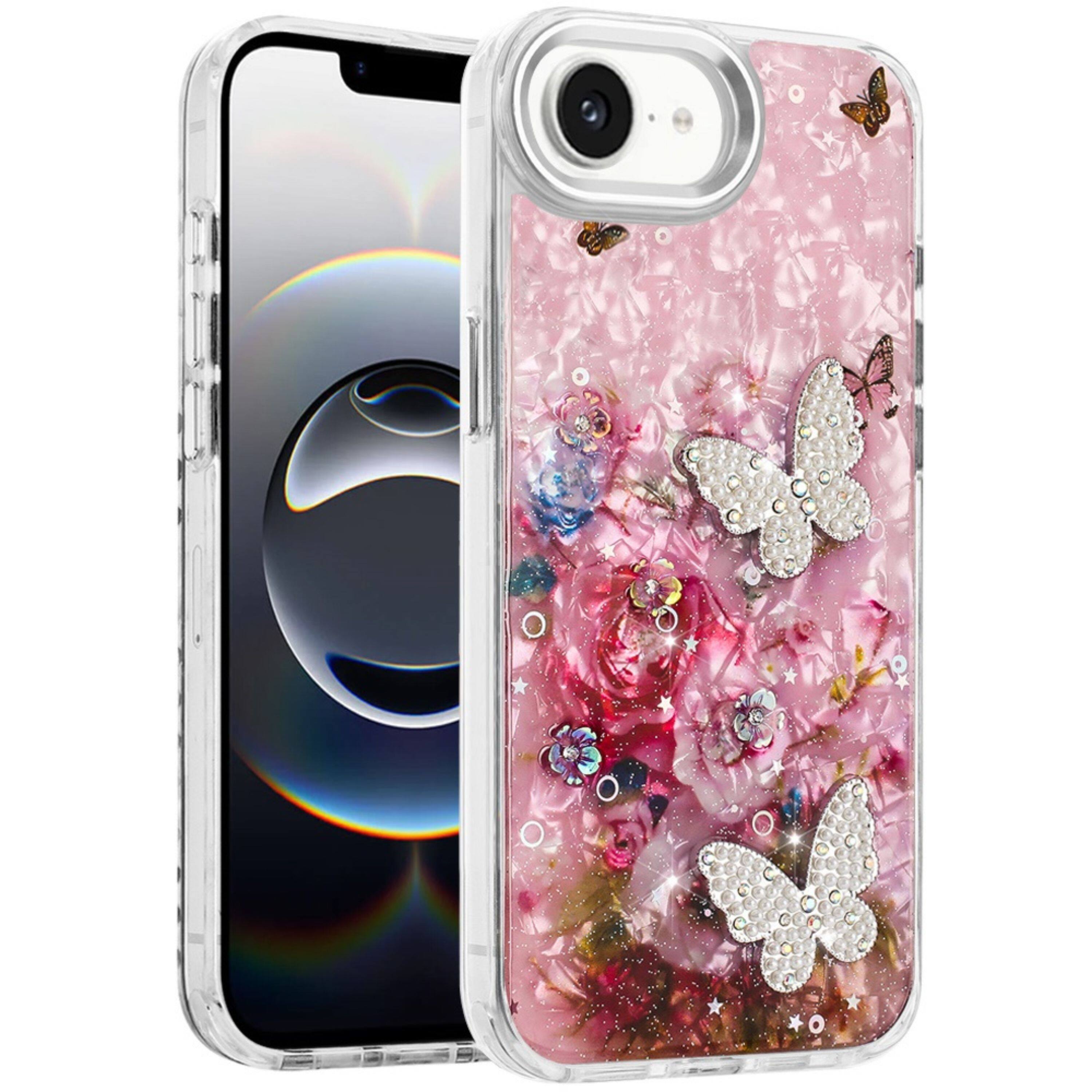 Left. Kitcheniva - Epoxy Glitter With 3D Beaded Butterflies Case Plus Tempered Glass For iPhone 16e/17e B - Multicolor.