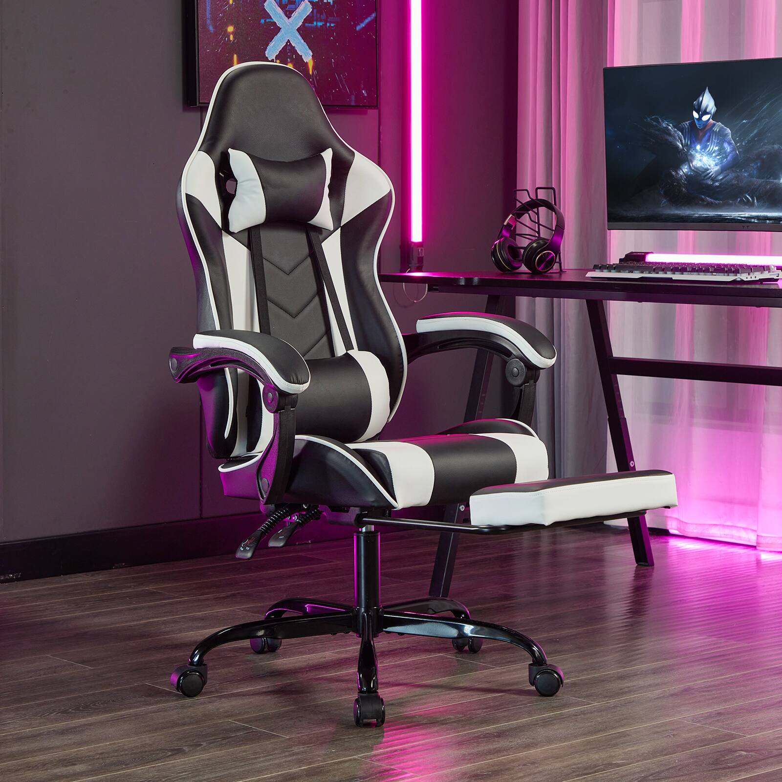 Chateau Abodes - Gaming Chair with Footrest, Ergonomic Design with Headrest & Lumbar Support, Breathable for Adults - Black White