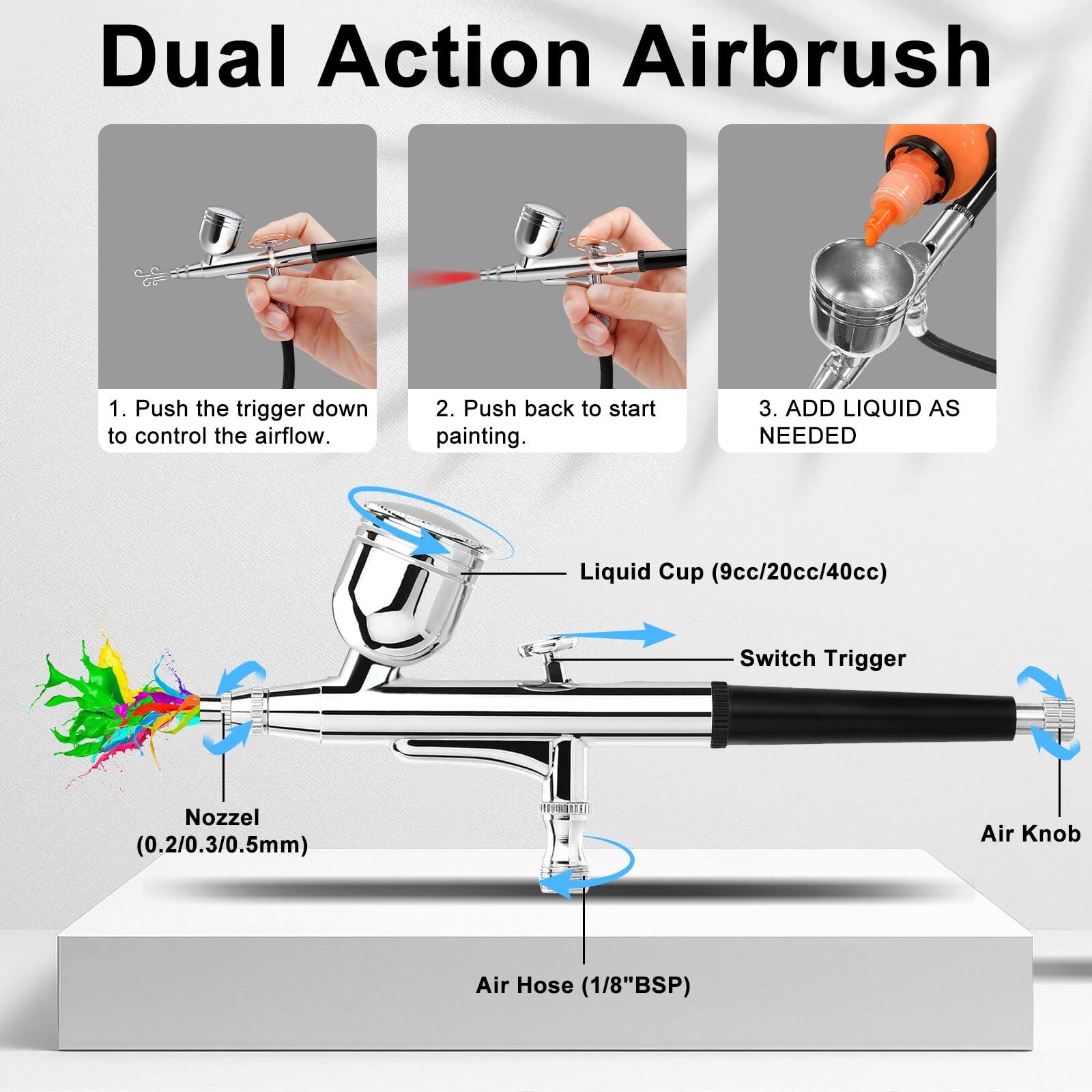 Dual Action Airbrush

1. Push the trigger down to control the airflow.
2. Push back to start painting.
3. ADD LIQUID AS NEEDED

- Liquid Cup (9cc/20cc/40cc)
- Switch Trigger
- Nozzle (0.2/0.3/0.5mm)
- Air Knob
- Air Hose (1/8"BSP)