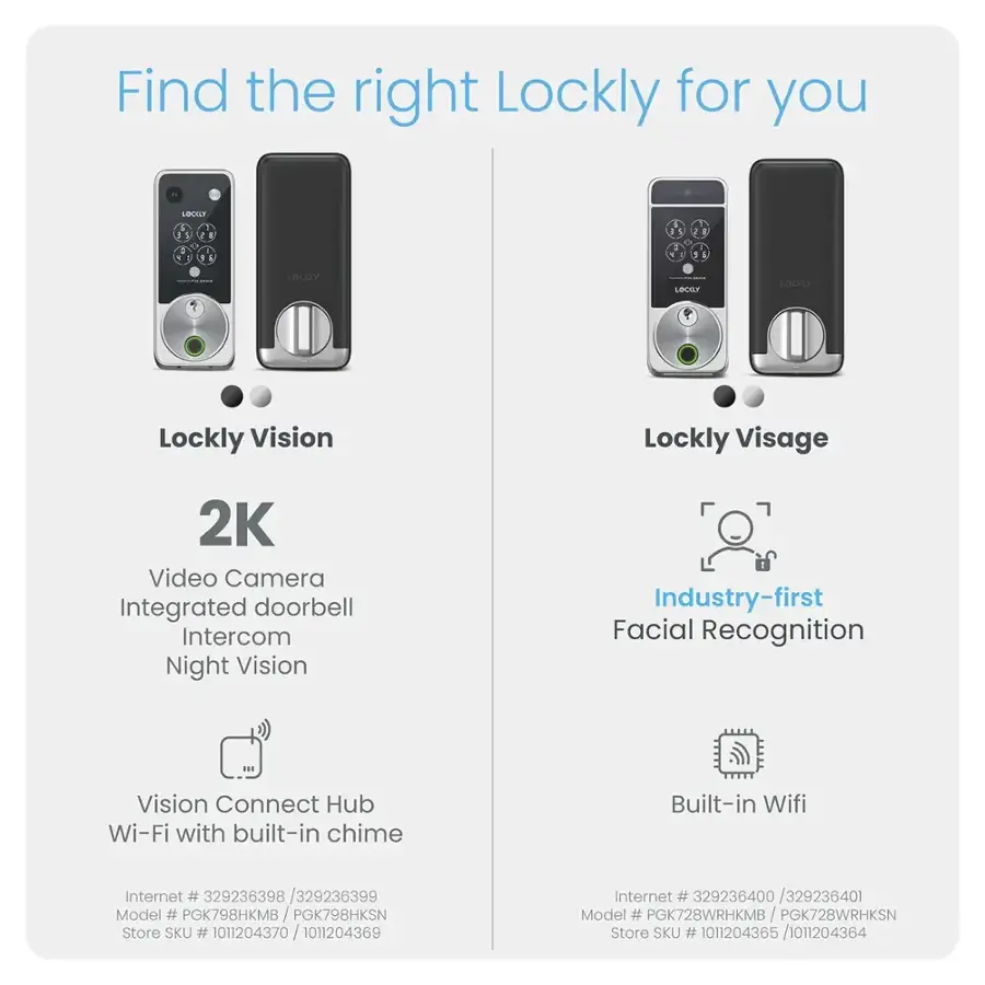 Lockly Visage Smart Lock Wi Fi Deadbolt Facial/Keyway/Fingerprint Satin ...
