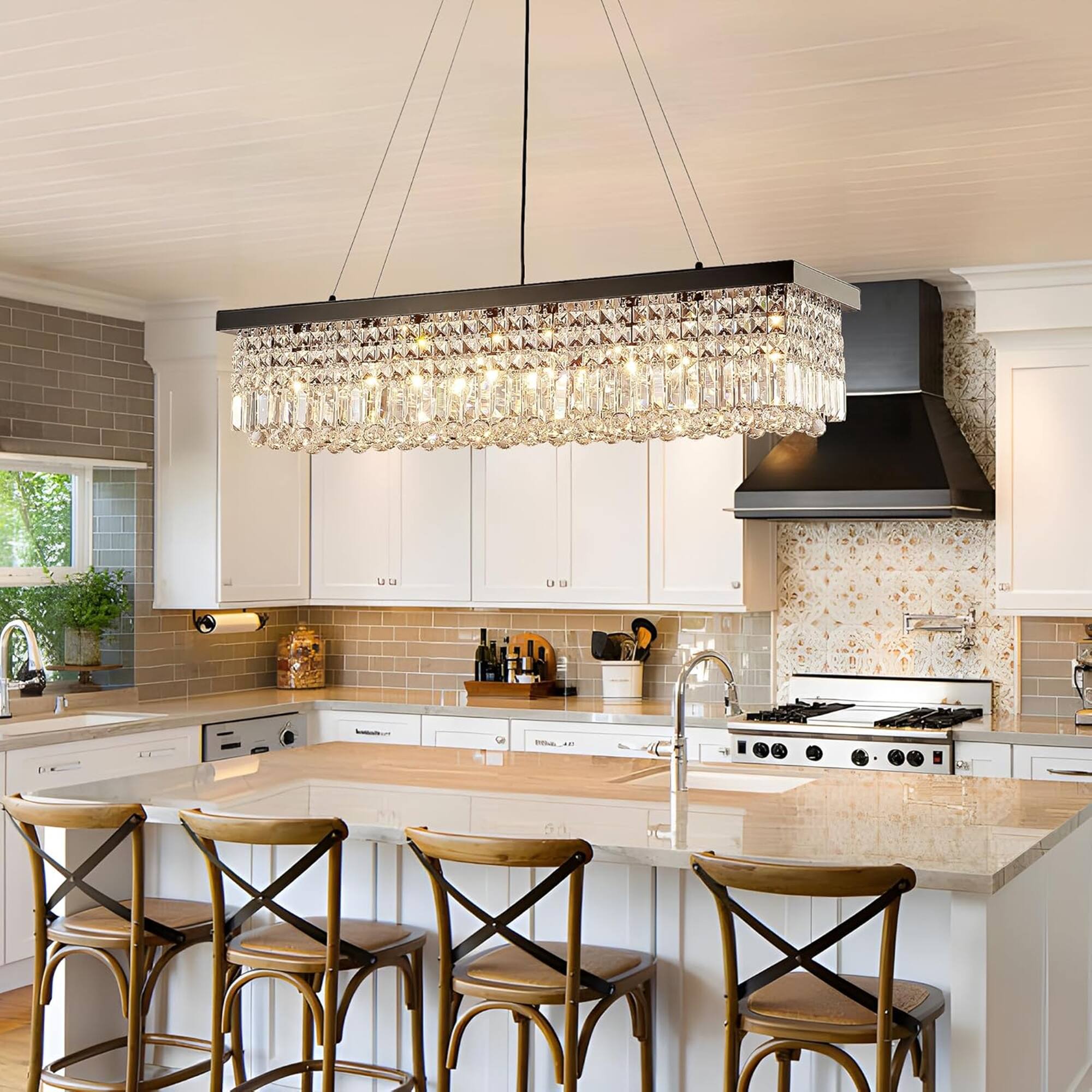 Alt View 6. Siljoy - 47.2" 10-Light Black Linear Crystal Chandelier, Adjustable K9 Crystal Pendant Light for Kitchen Island Dining Room - Black.