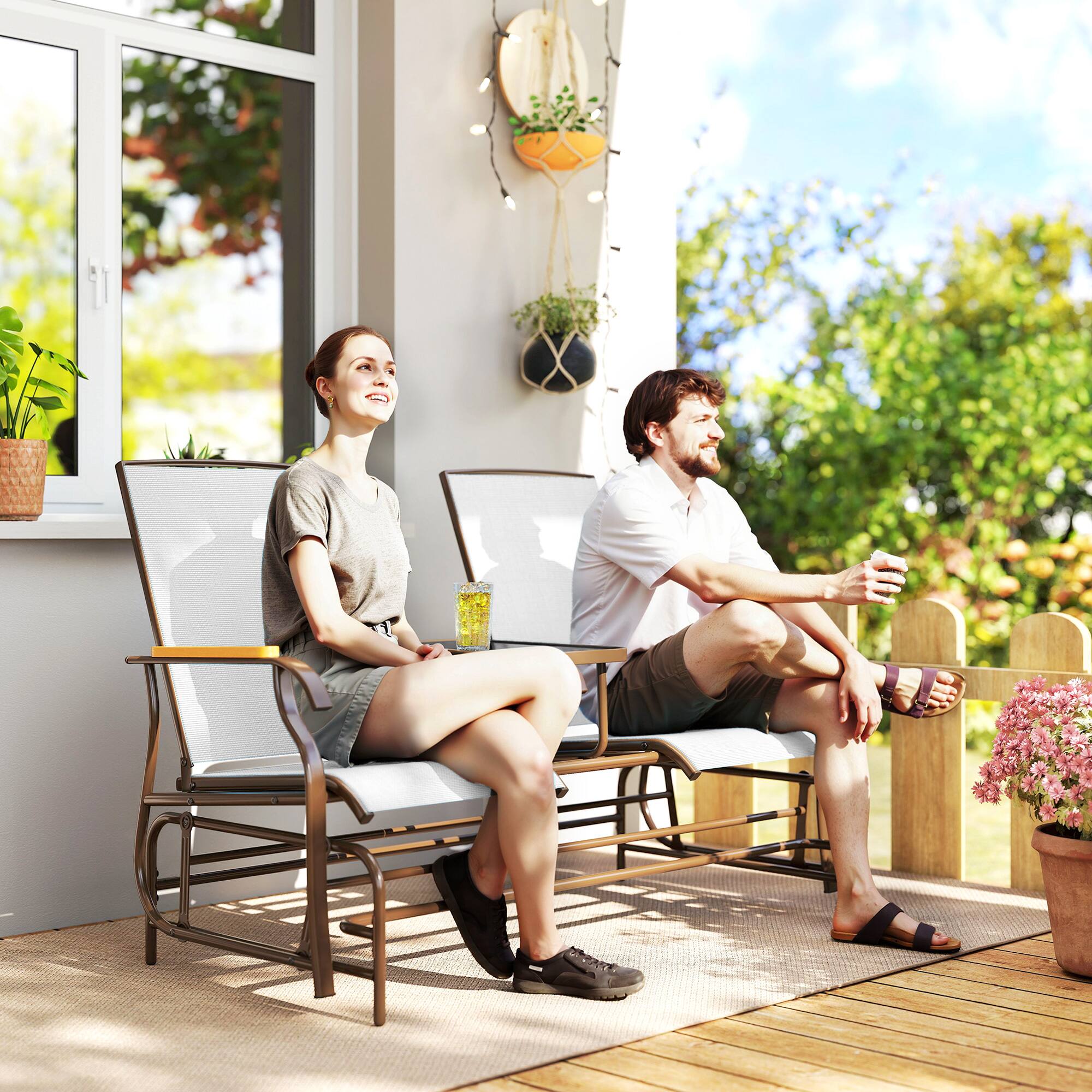 Alt View 1. Outsunny - 2-Person Glider Bench, Outside Glider Swing Chair Loveseat with Table, Steel Frame - Cream White.