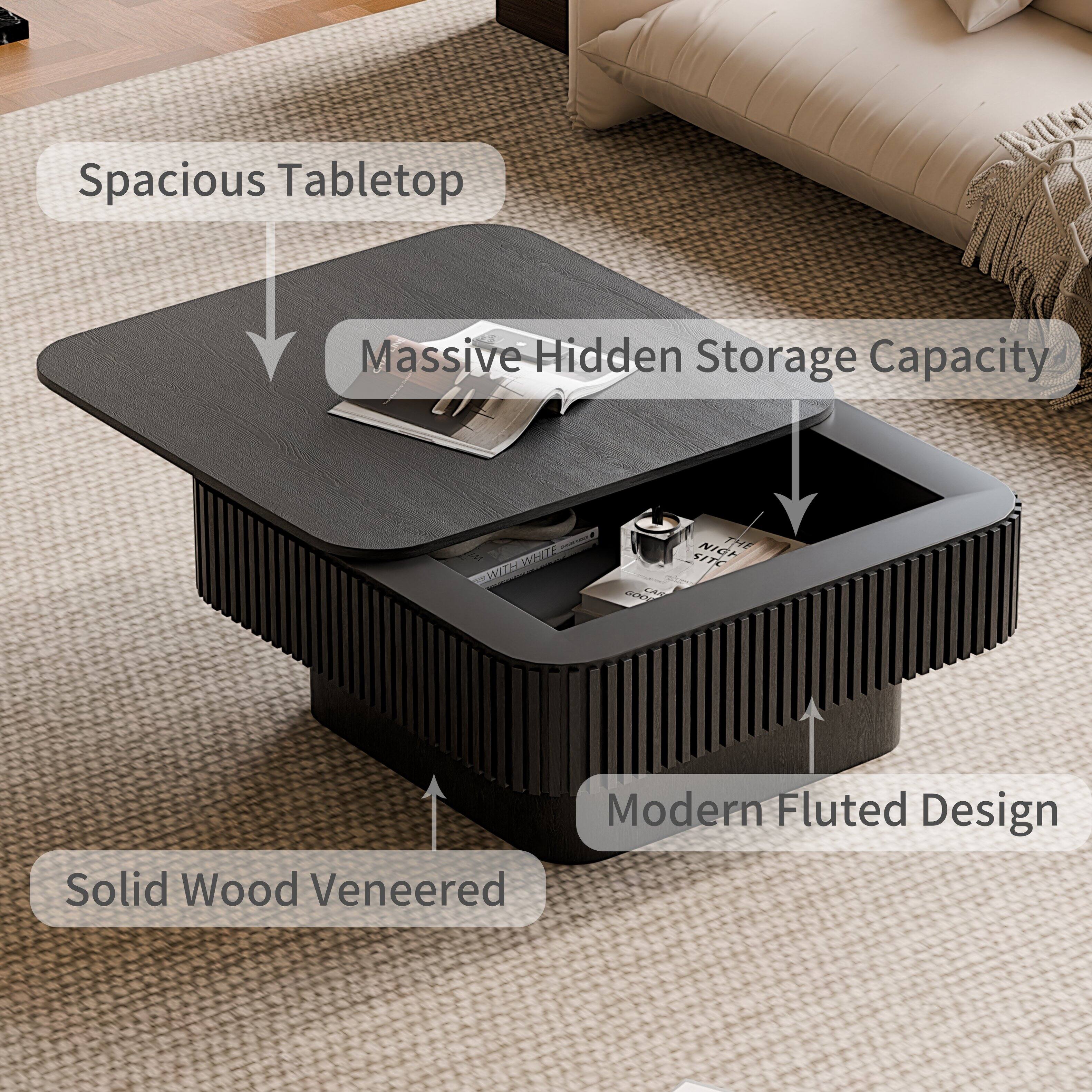 Spacious Tabletop  
Massive Hidden Storage Capacity  
Modern Fluted Design  
Solid Wood Veneered