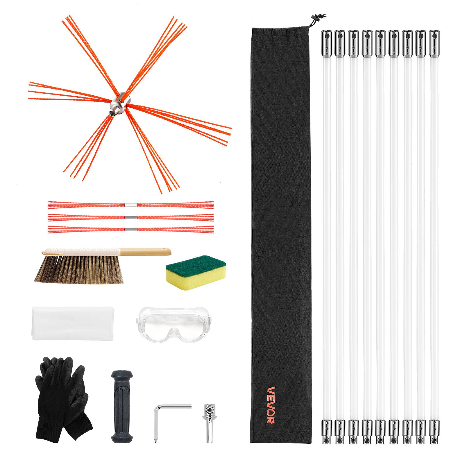 Alt View 5. VEVOR - 30 ft Extendable Chimney Cleaning Kit with Bristle Replacements & Goggles, Flexible Design for 90° Angles - White.