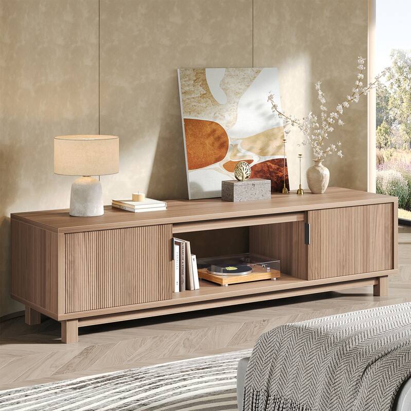 Bestier - 70" Media Console for 75" TVs, Modern Entertainment Center with Storage Cabinets & Open Shelf for Living Room - Brown