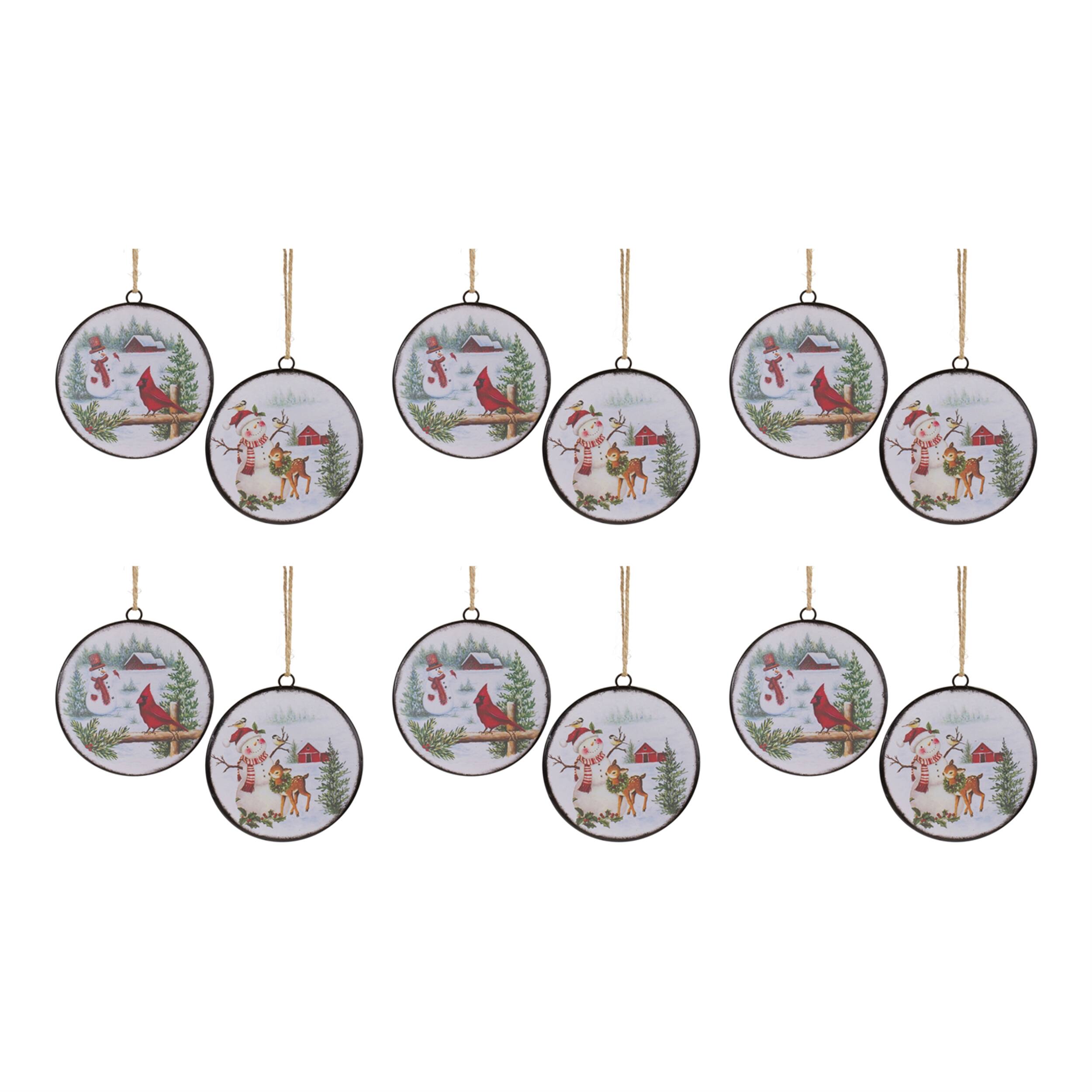 Alt View 2. BreeBe - Woodland Snowman Disc Ornament (Set of 12) - White, Red, Green.