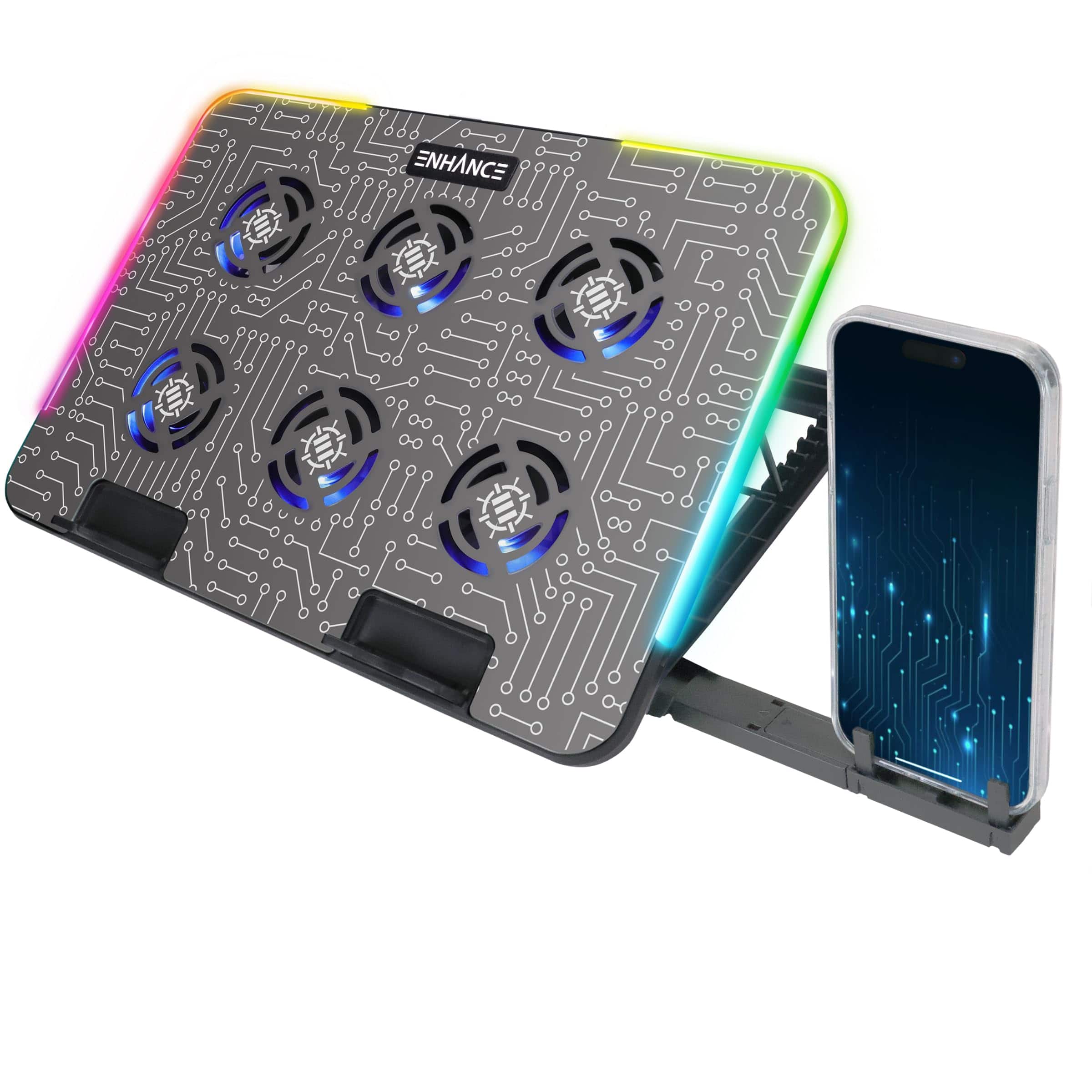 HongFei - Gaming Voltaic 2 Laptop Cooling Stand - Cooling Pad with 6 Blue LED Fans, 7 Height Settings, RGB Lighting, Metal Top - Silver