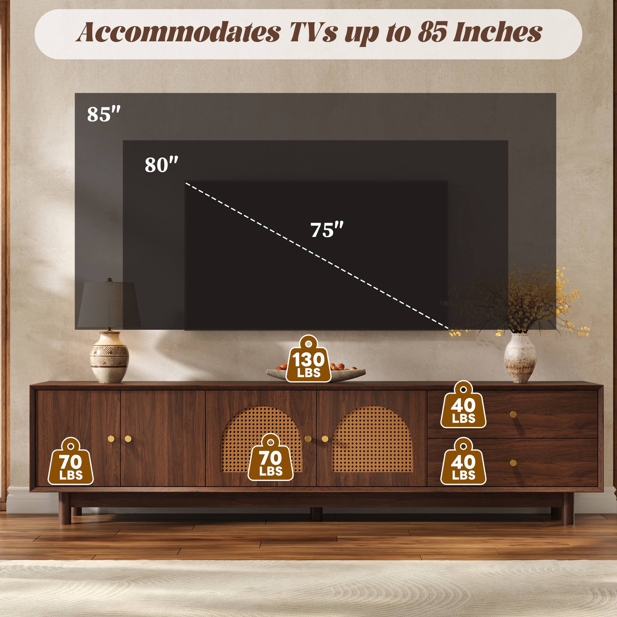Accommodates TVs up to 85 Inches

85"
80"
75"
130 LBS
70 LBS
70 LBS
40 LBS
40 LBS