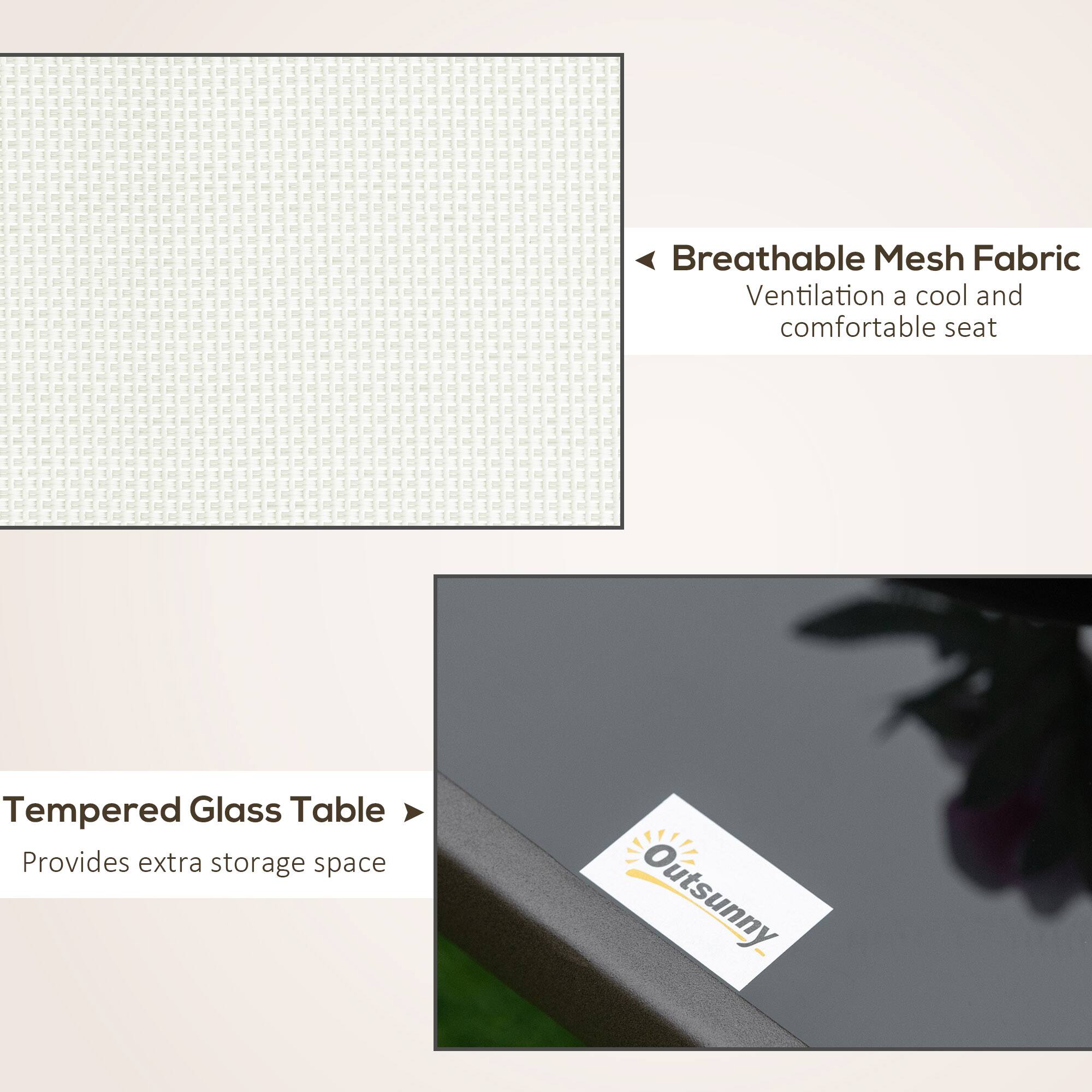 Breathable Mesh Fabric Ventilation a cool and comfortable seat, Tempered Glass Table Provides extra storage space, Outsunny