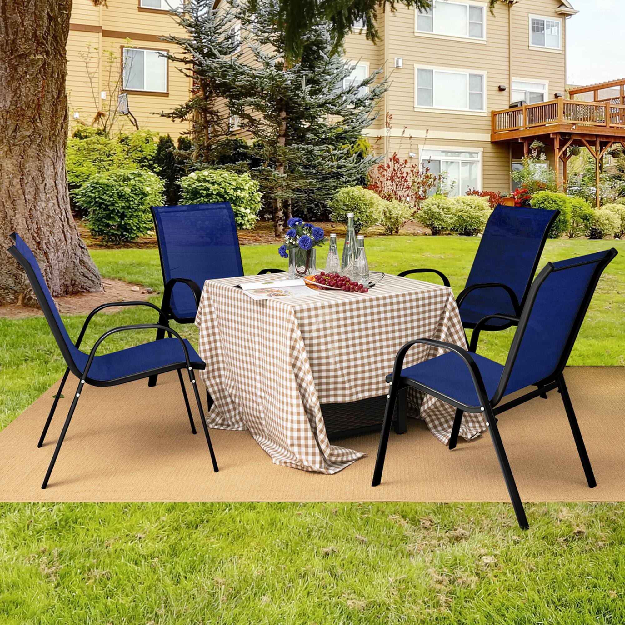 Alt View 2. Costway - Costway Set of 4 Patio Dining Chairs Stackable Armrest Space Saving Garden - Navy + Black.