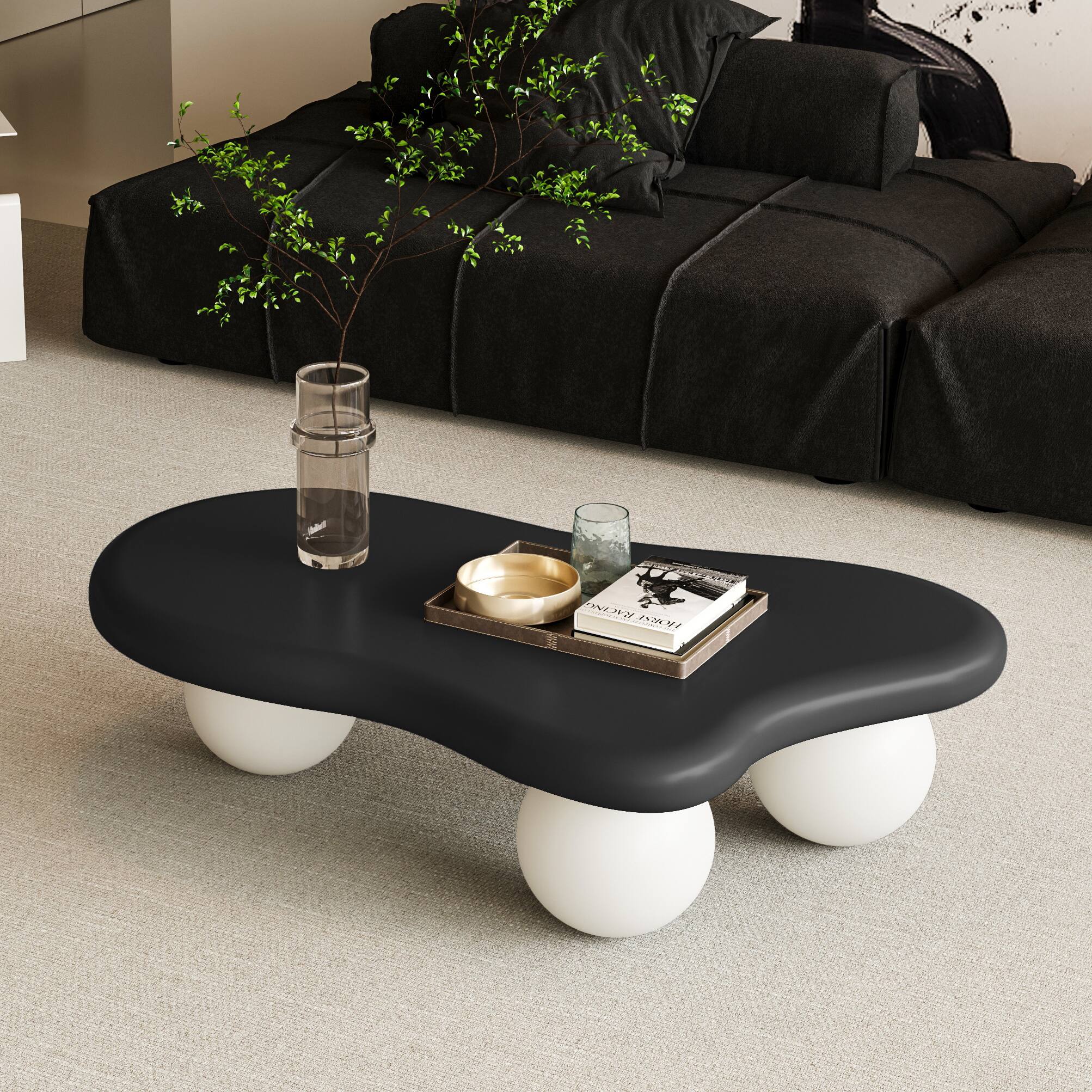 Left. Loheer - Loheer 40 Inch Cloud Shaped Coffee Table Black Top White Ball Legs Modern Low Profile Living Room Center Table - Black White.
