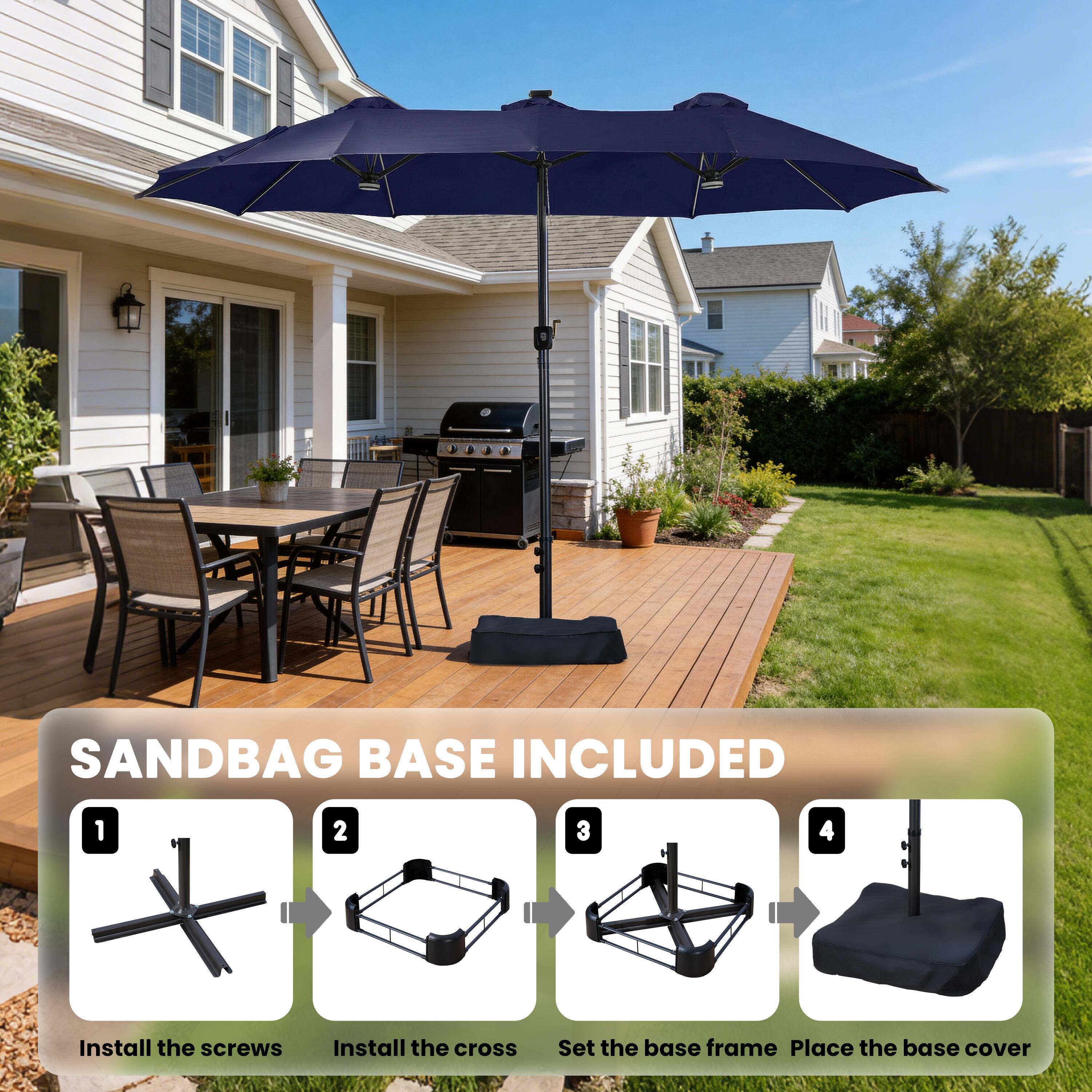 SANDBAG BASE INCLUDED

1. Install the screws
2. Install the cross
3. Set the base frame
4. Place the base cover