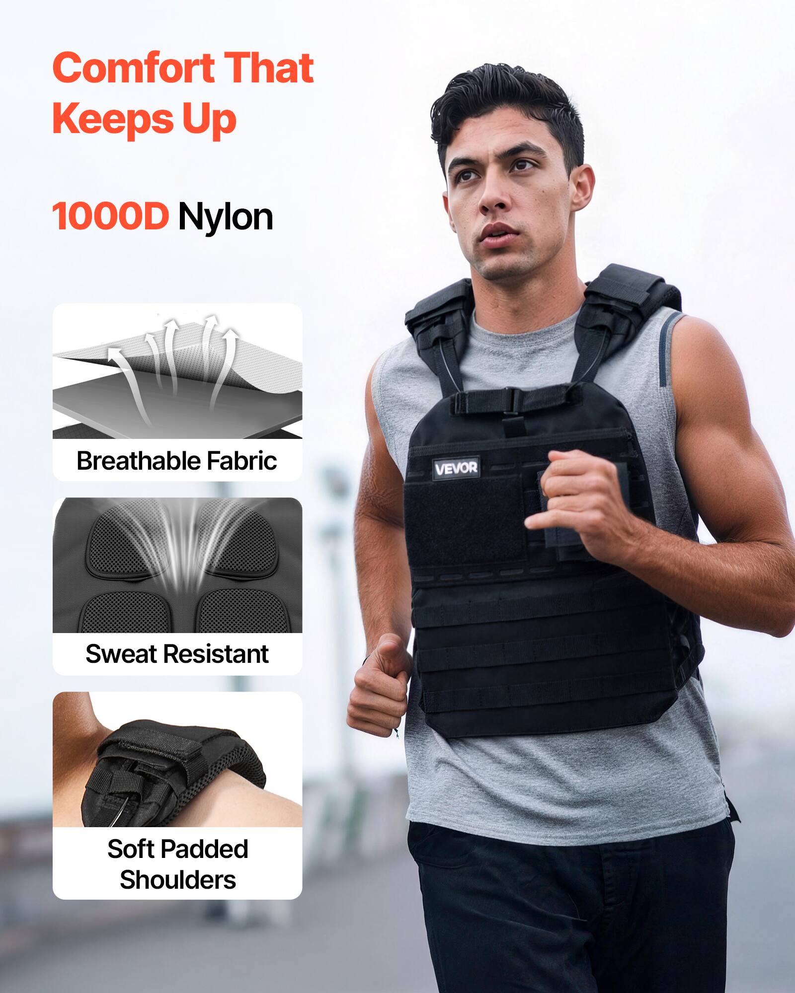 Comfort That Keeps Up  
1000D Nylon  
Breathable Fabric  
Sweat Resistant  
Soft Padded Shoulders