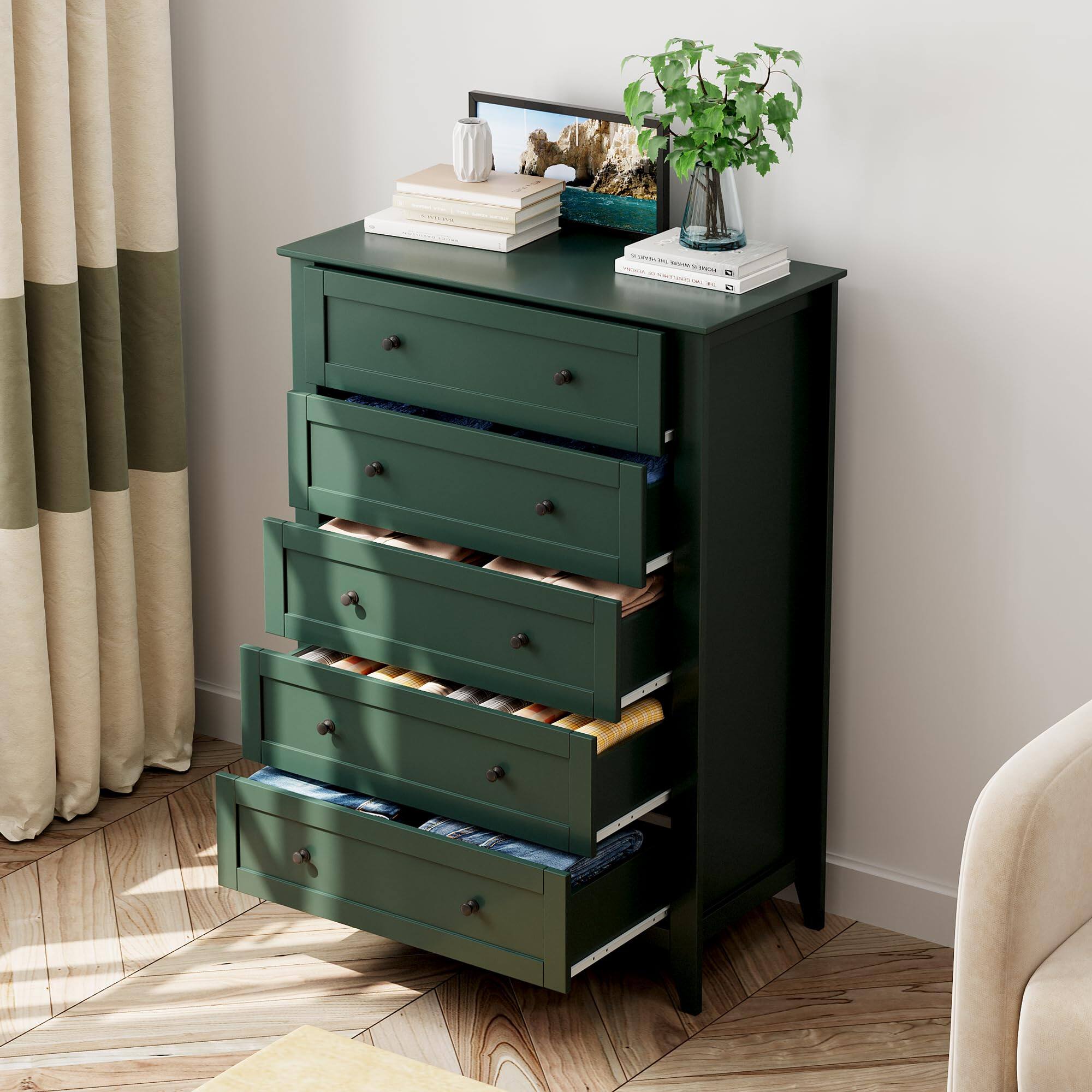 Left. Jojoka - 5 Drawer Dresser for Bedroom, Tall Dresser with Deep Drawers & Metal Knobs, Modern Wooden Chests of Drawers - Green.