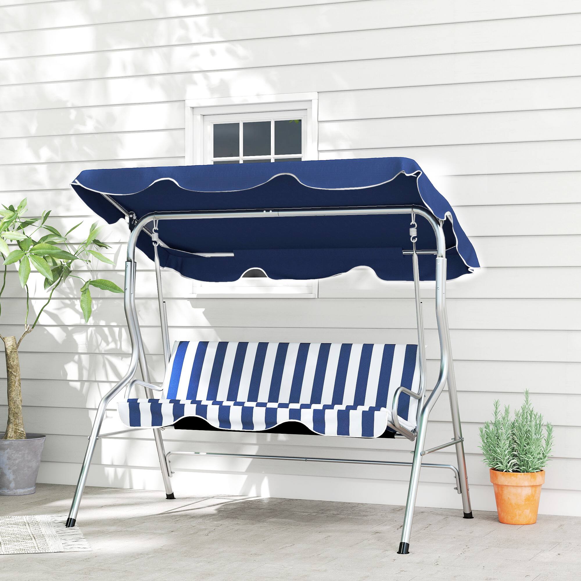 Alt View 5. Outsunny - Outsunny 3-Person Porch Swing with Canopy, Patio Swing Chair, Outdoor Canopy Swing Bench - Blue.