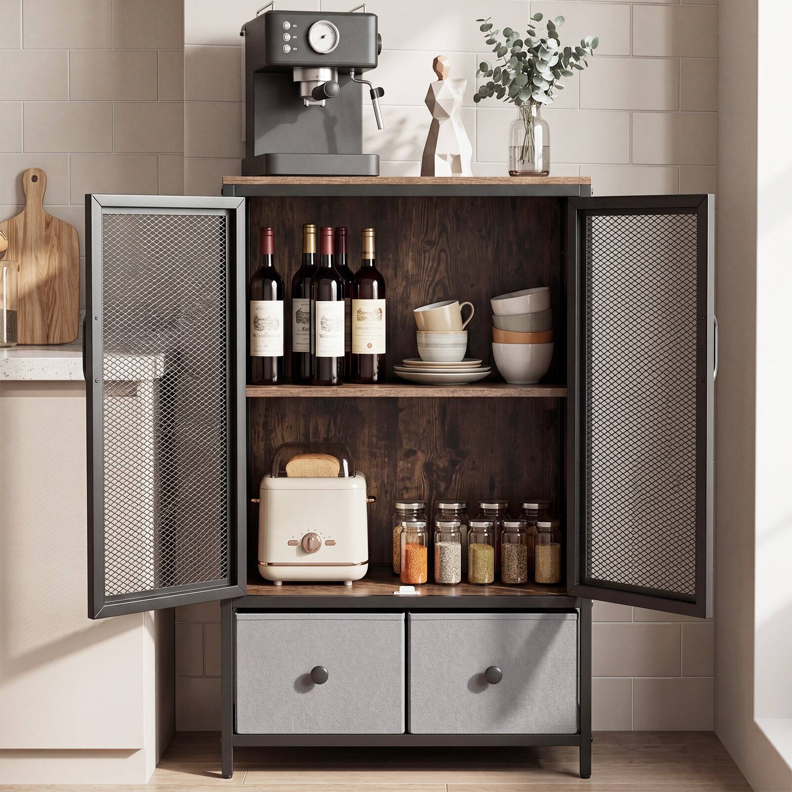 Alt View 1. Costway - Costway Industrial Coffee Bar Cabinet, Farmhouse Cabinet with 2-Tier Storage Compartment - Rustic Brown + Black.