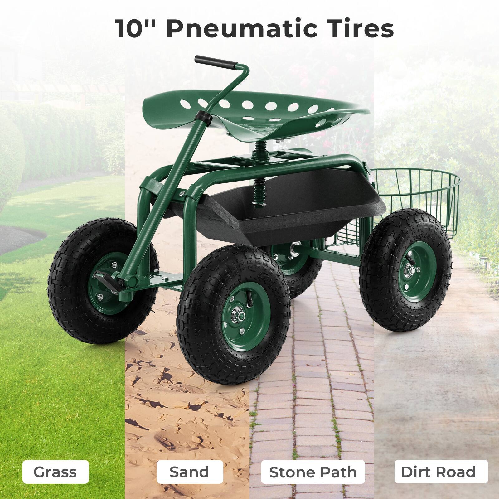 10" Pneumatic Tires

Grass  
Sand  
Stone Path  
Dirt Road