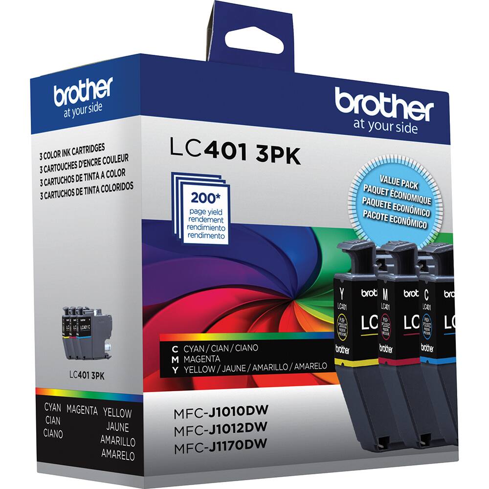 brother side brother at your side 3 COLOR INK CARTRIDGES COULEUR LC401 3PK CARTOUCHES D'ENCRE 3 COLOR DE TINTA A 3 CARTUCHOS VALUE PACK DE TINTA COLORIDOS PAQUET 3 CARTUCHOS 200* CONOMIQUE PAQUETE ECONMICO page yield PACOTE rendement ECONMICO rendimiento rendimento  LC401 3PK Y LCAN 1 TE O C CYAN / CIAN / CIANO brother M MAGENTA Y YELLOW / JAUNE AMARILLO AMARELO brot M LCAM LC  1 - brother brot  CA LC - YOU - botter bro L CYAN MAGENTA MFC-J1010DW YELLOW CIAN JAUNE MFC-J1012DW CIANO AMARILLO MFC-J1170DW AMARELO