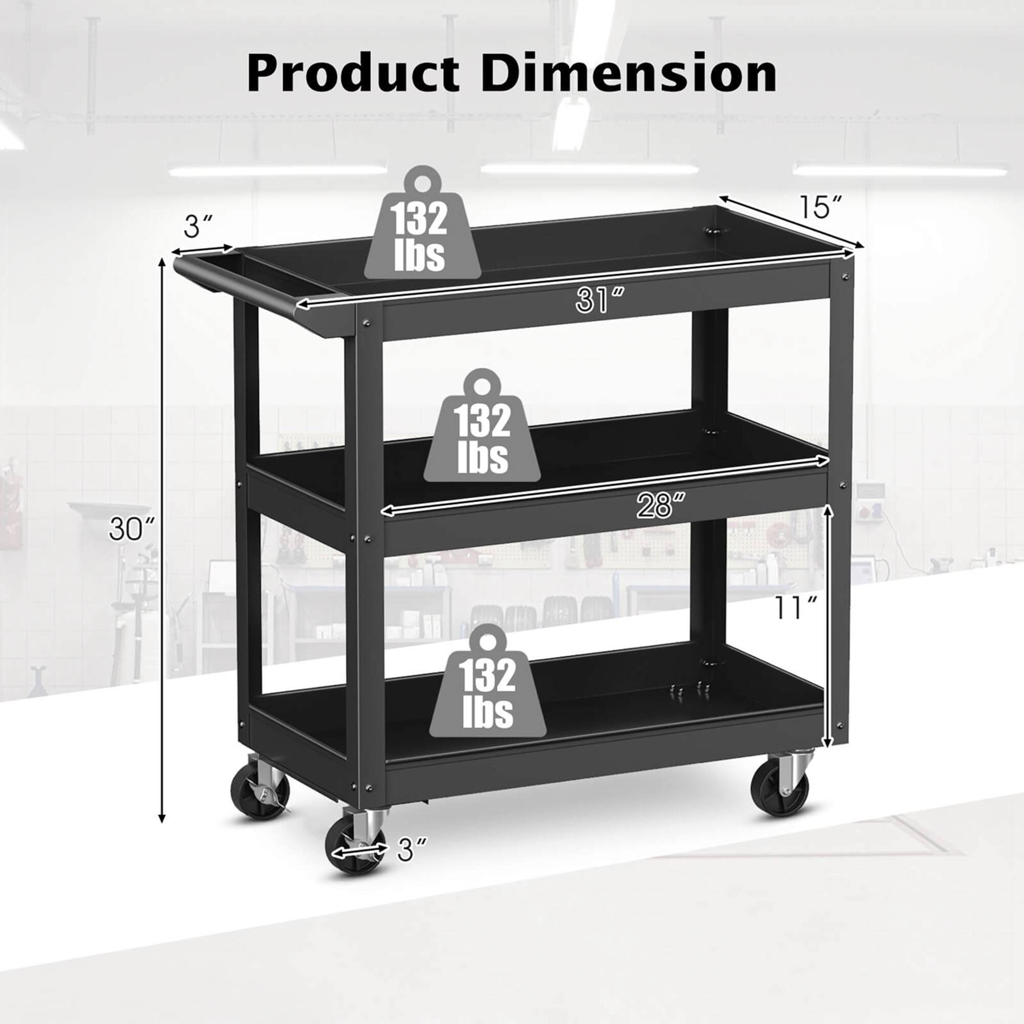 Product Dimension  
3" x 132 lbs x 31" x 15" x 30" x 132 lbs x 28" x 11" x 132 lbs x 3"