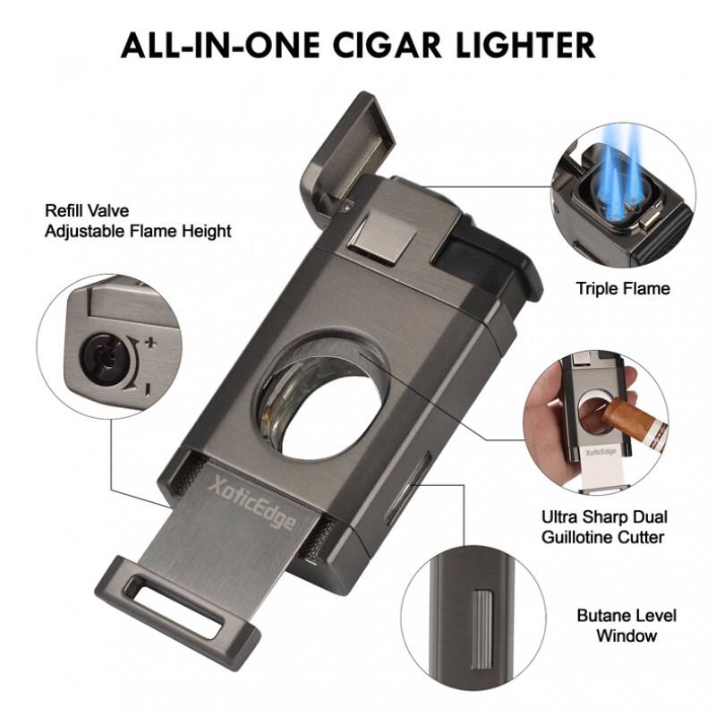 ALL-IN-ONE CIGAR LIGHTER

- Refill Valve
- Adjustable Flame Height
- Triple Flame
- Ultra Sharp Dual Guillotine Cutter
- Butane Level Window