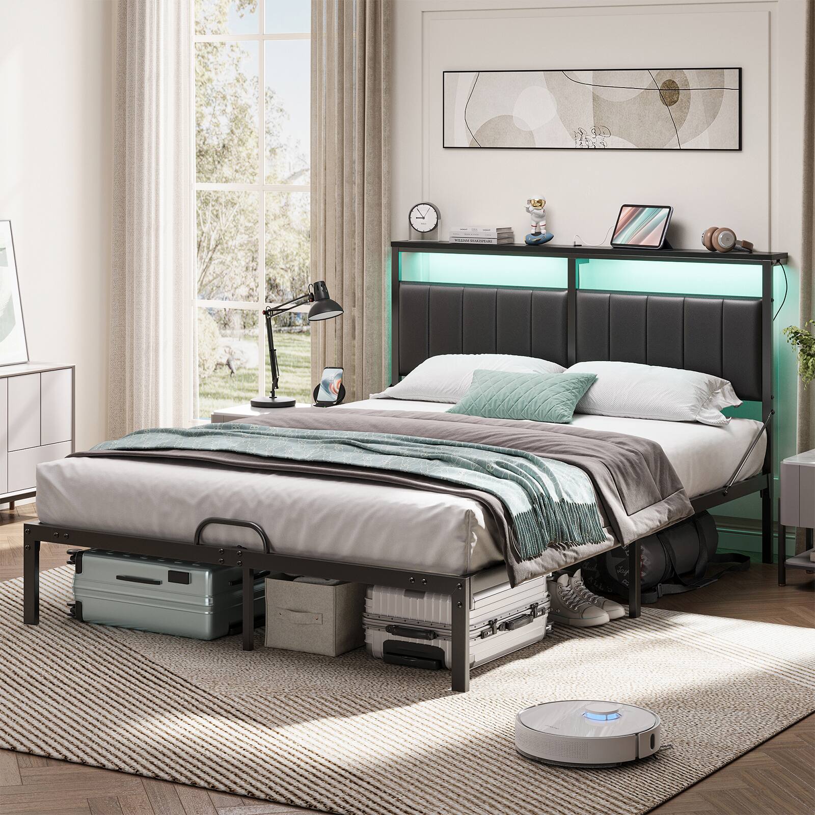 Angle. Bestier - Queen Size Bed Frame with Upholstered Headboard，Metal Platform with LED Lights, USB Charging Station & Storage Shelf - Black PU Leather.