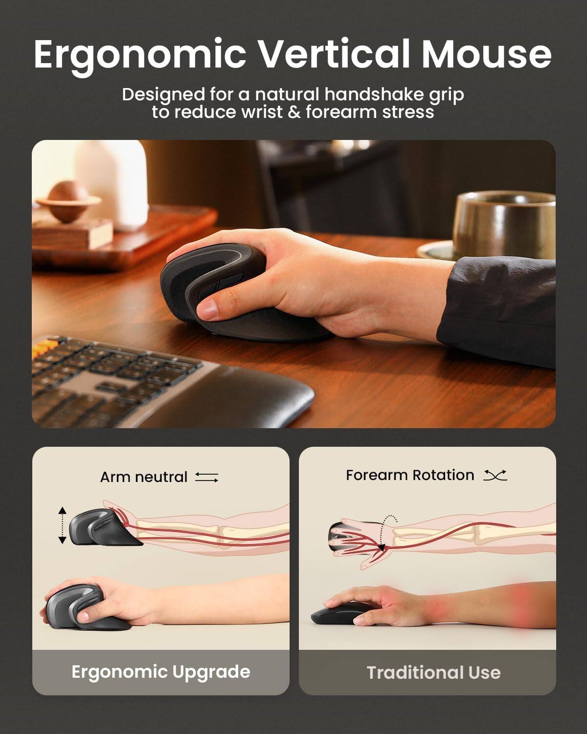 ProtoArc EM11 NL Wireless Ergonomic Vertical Mouse, Rechargeable, Gray ...