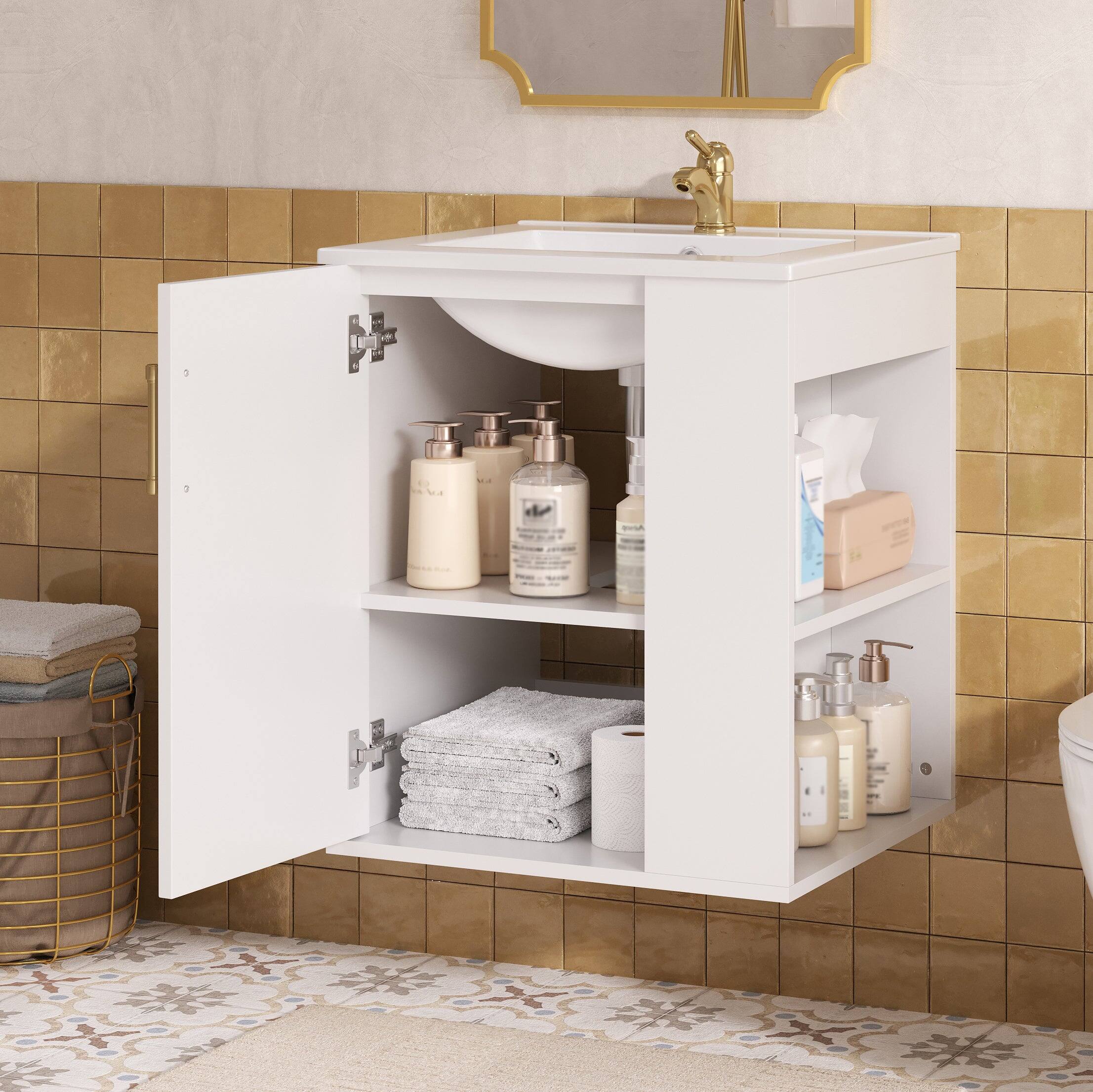 Alt View 5. Boyel Living - 20 Inch Wall Mounted Bathroom Vanity with Ceramic Sink and Side Cabinet White - White.