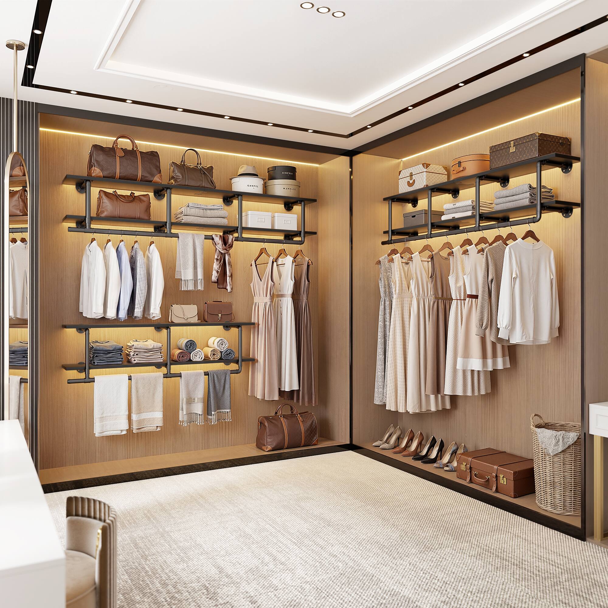 Angle. Aheaplus - 72.5'' Wide Wall Industrial Pipe Garment Rack, 2-Tier Wall Clothing Rack for Laundry/Entryway/Closet - Black.