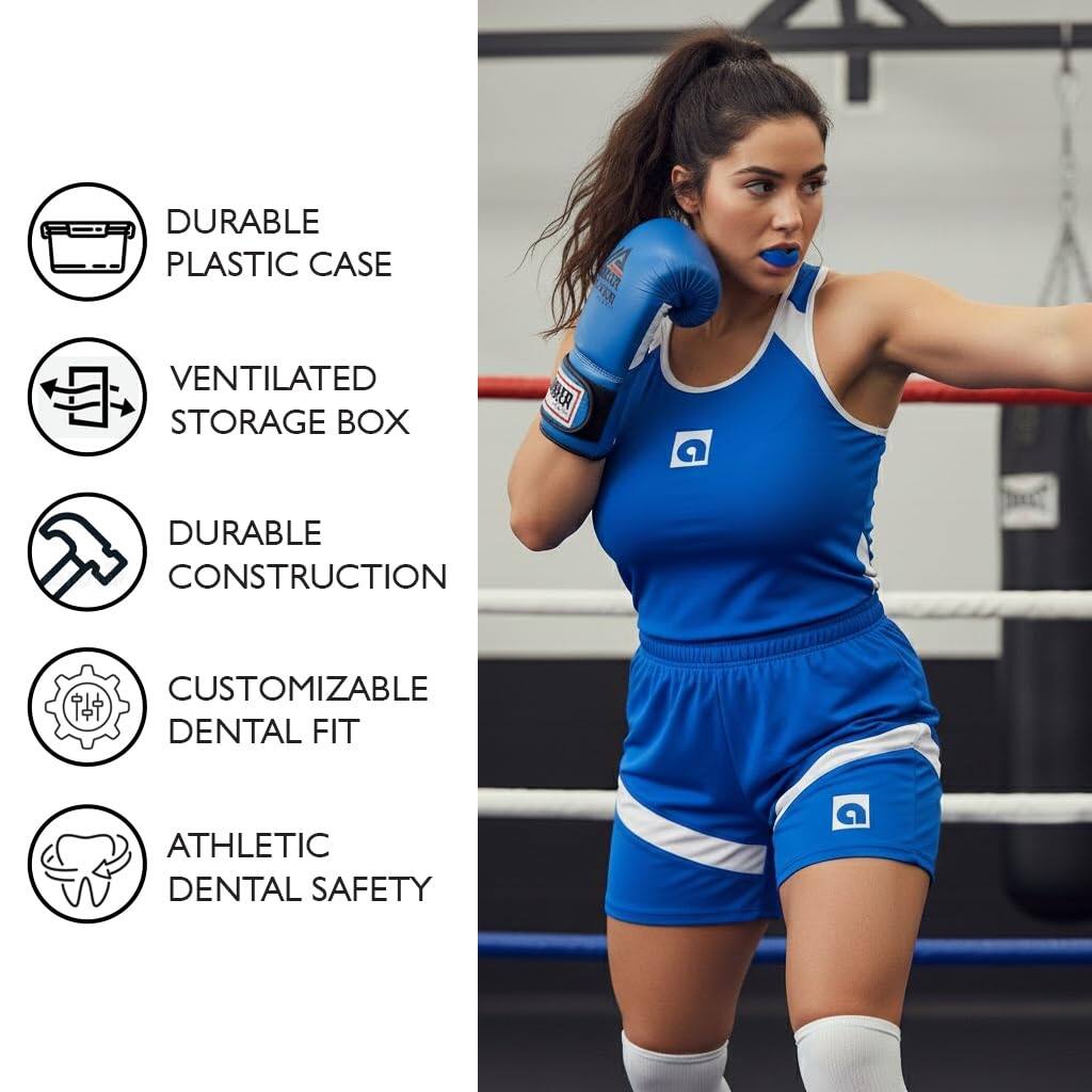 DURABLE PLASTIC CASE  
VENTILATED STORAGE BOX  
DURABLE CONSTRUCTION  
CUSTOMIZABLE DENTAL FIT  
ATHLETIC DENTAL SAFETY