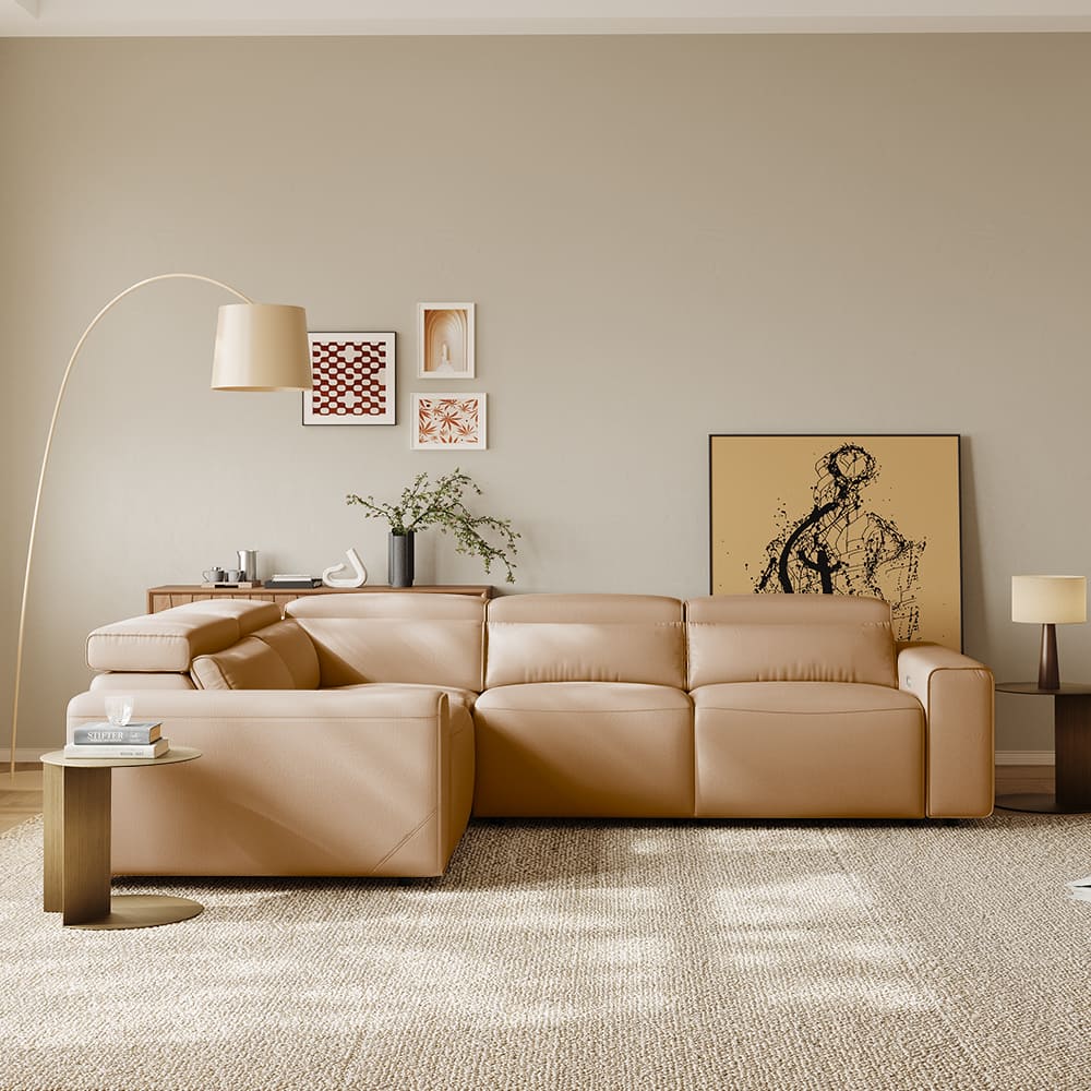 POVISON - 111.02"Power Corner Sofa L-shaped Electric Reclining Couch, 2 Extendable Recliners, USB Charging, Living Room, Khaki - Khaki Sustainable Leather
