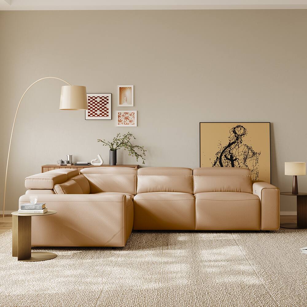 Front. POVISON - 111.02"Power Corner Sofa L-shaped Electric Reclining Couch, 2 Extendable Recliners, USB Charging, Living Room, Khaki - Khaki Sustainable Leather.