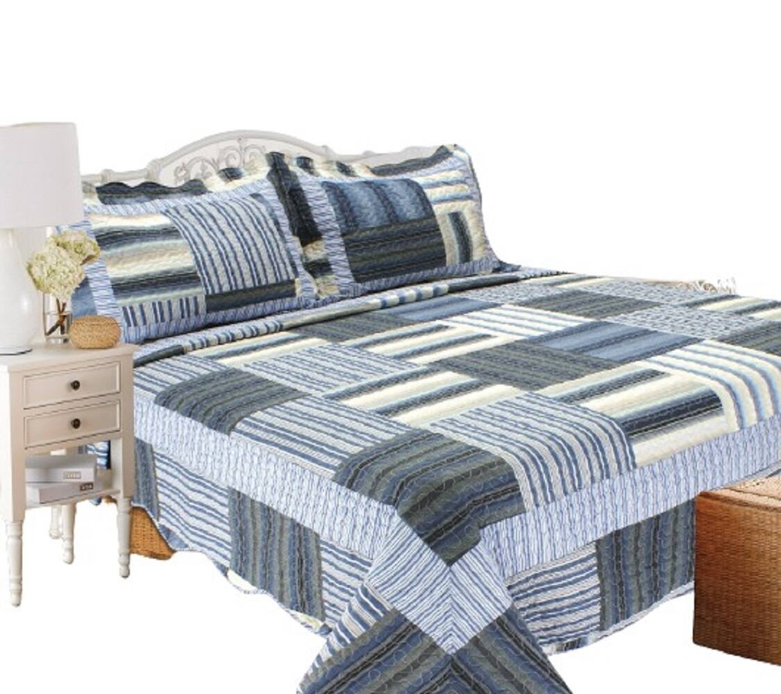 Front. J&V TEXTILES - Blue Traditional Reversible Quilt Set - Dark Blue.